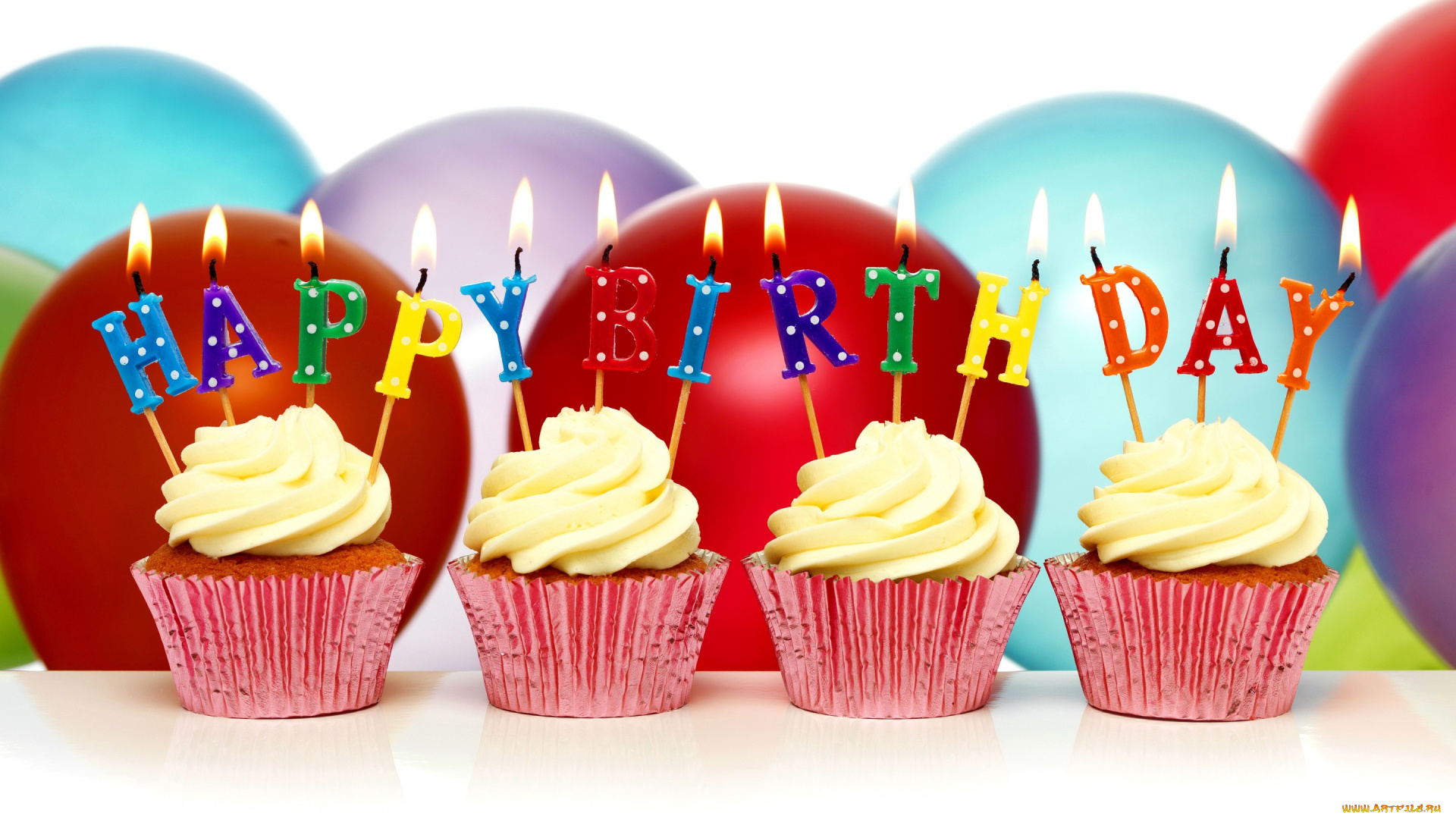 праздничные, день, рождения, кексы, шары, свечи, день, рождения, cupcake, happy, birthday