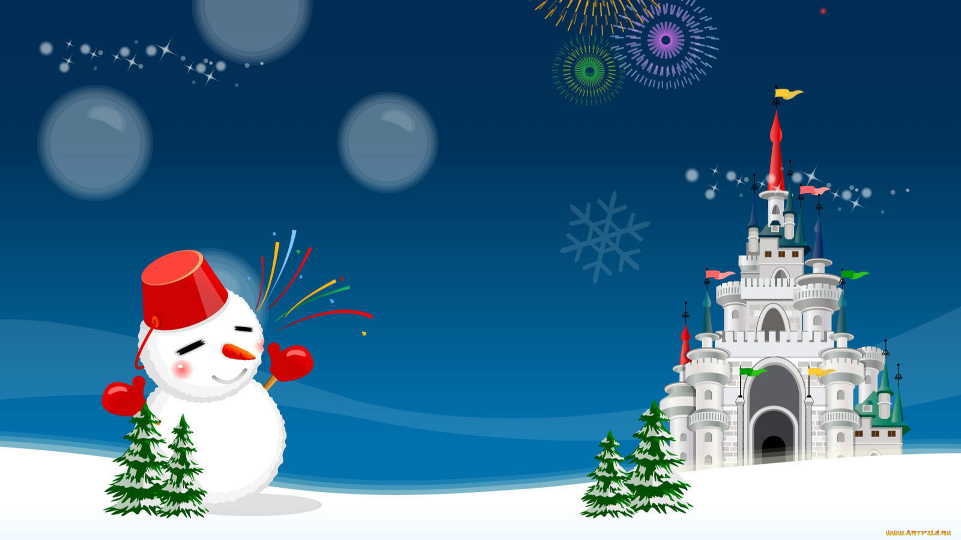 праздничные, векторная, графика, , новый, год, снег, снеговик, замок, фейерверк, салют, снежинка, ёлки