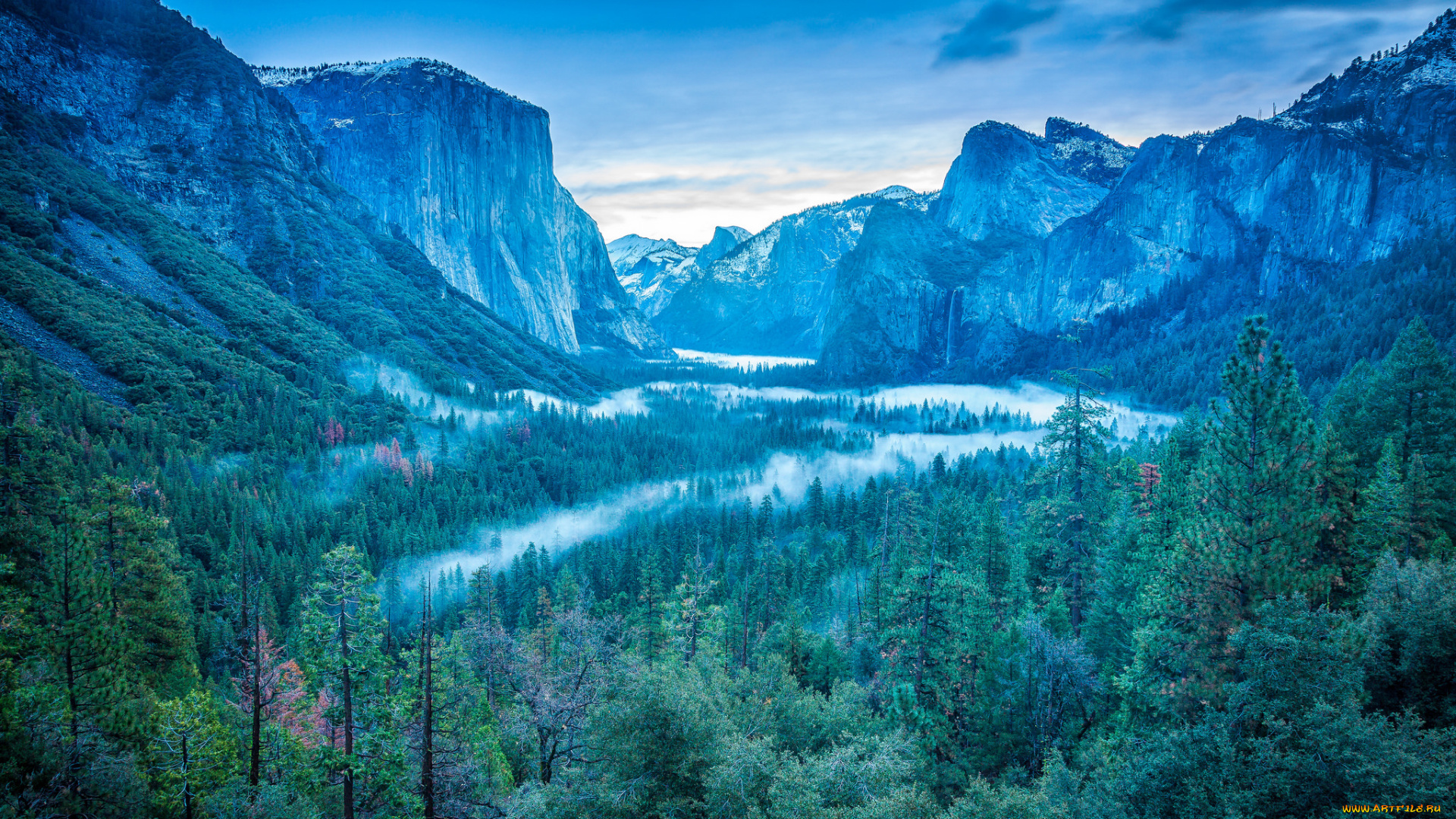 природа, горы, сша, сьерра-невада, yosemite, national, park, долина, водопад, туман, лес, деревья, небо