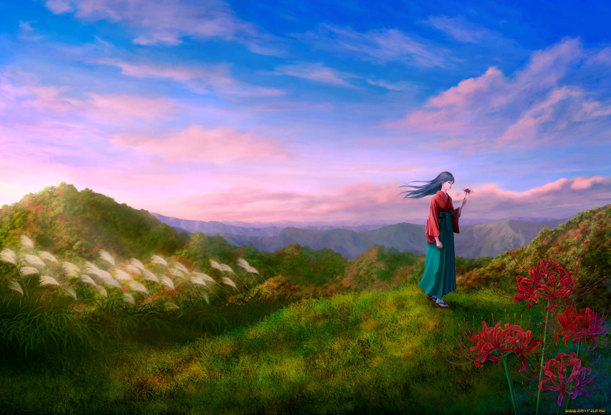аниме, unknown, , другое, девушка, erhu, арт, трава, зелень, горы, облака, небо, цветы, холм
