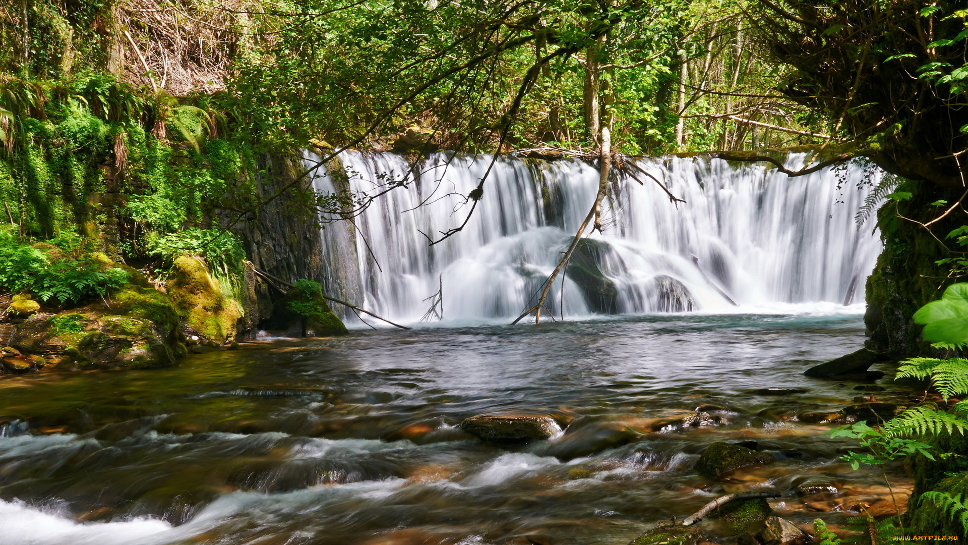 природа, водопады, поток, камни, лес