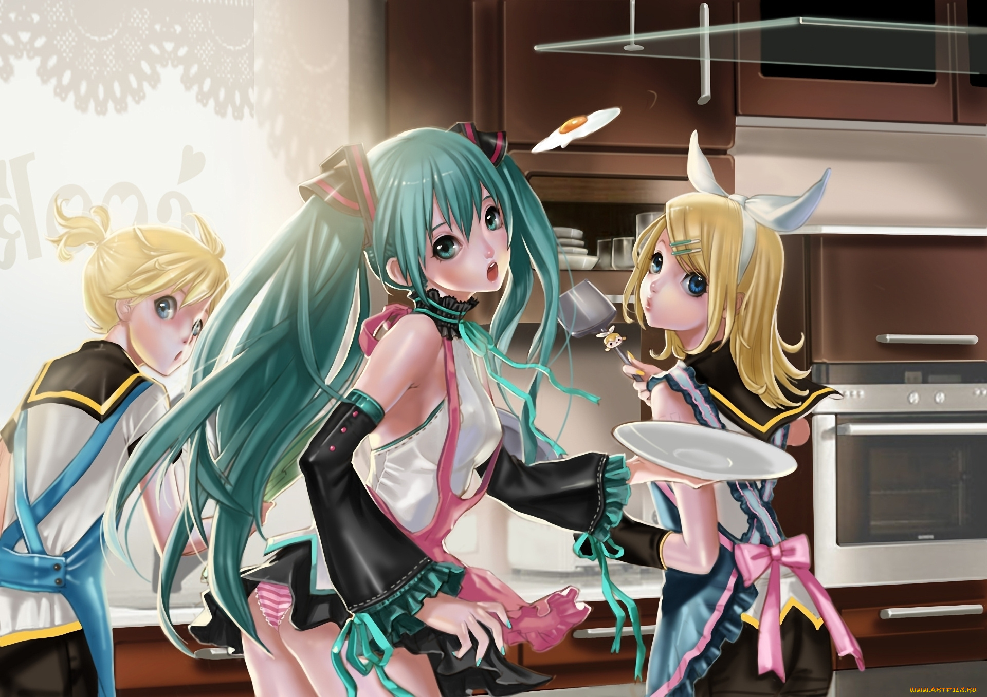 аниме, vocaloid, hatsune, miku, kagamine, rin, len, кухня, готовка