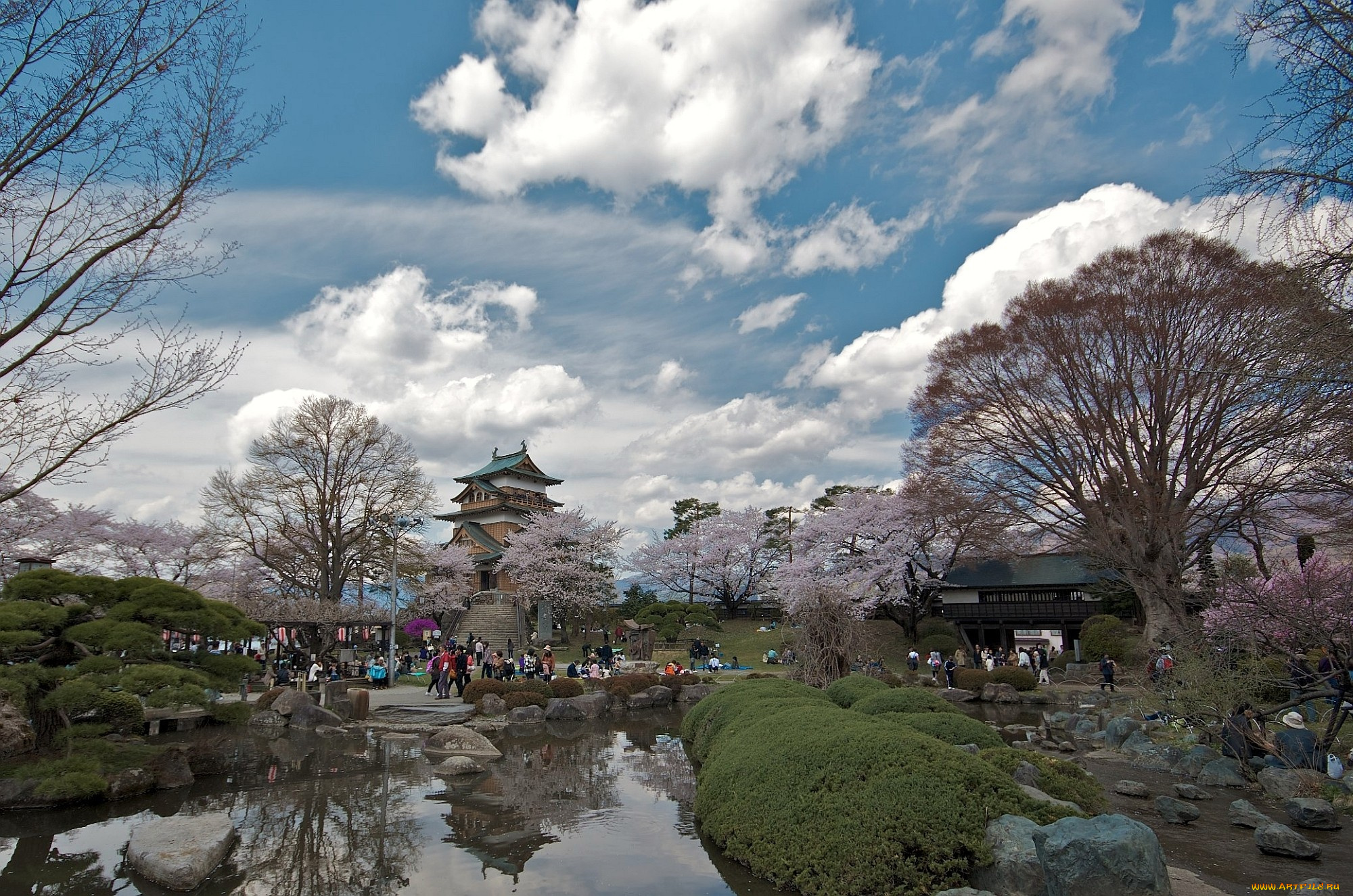 замок, такашима, Япония, города, замки, Японии, парк, деревья, пруд, пагода