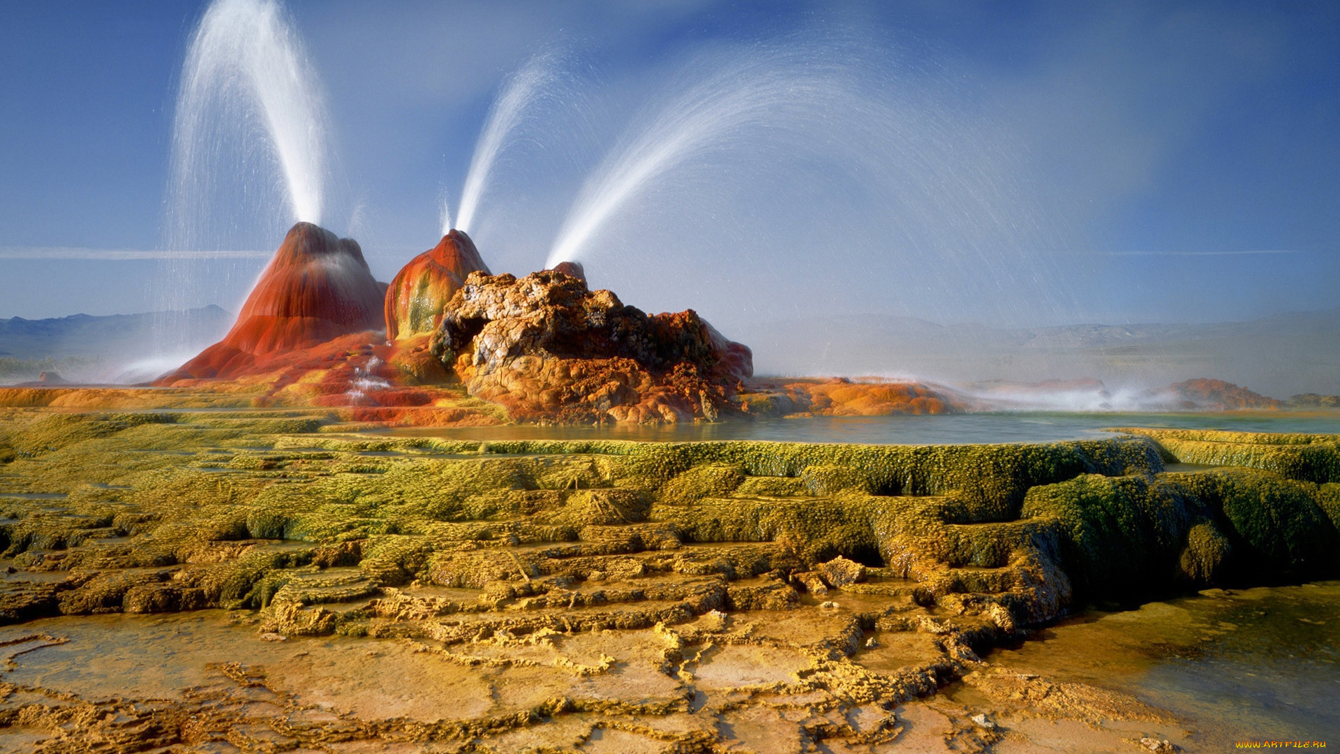 fly, geyser, природа, стихия, плато, вода, гейзер, краски, струи