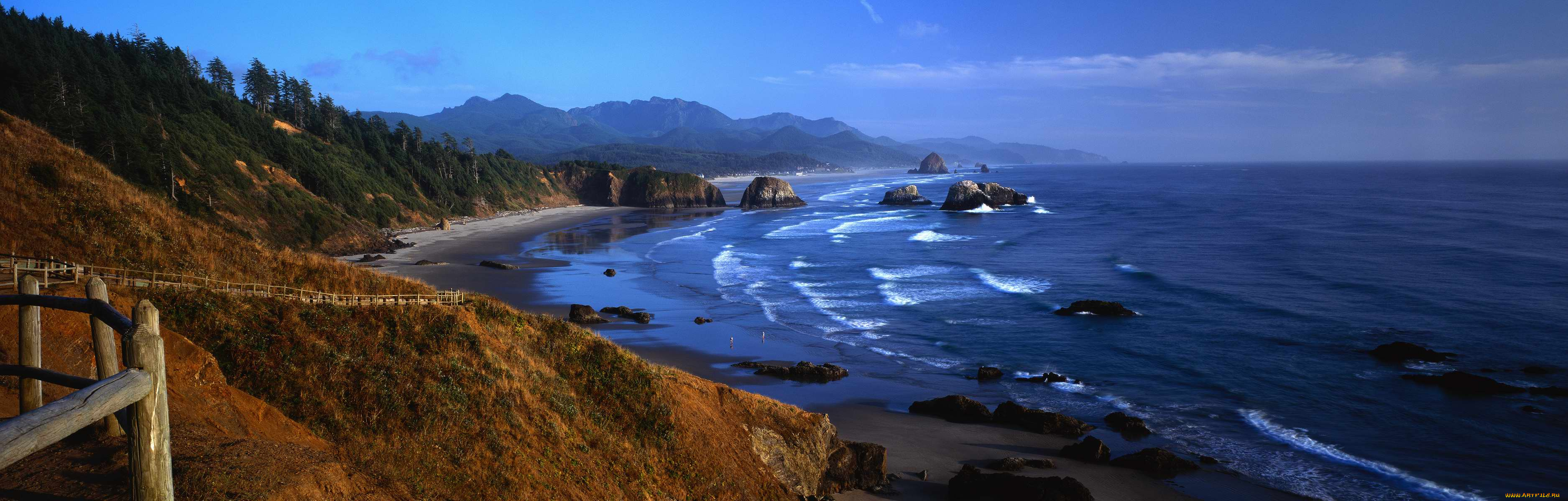 природа, побережье, океан, пляж, волны, камни, скалы, дорожка, панорама