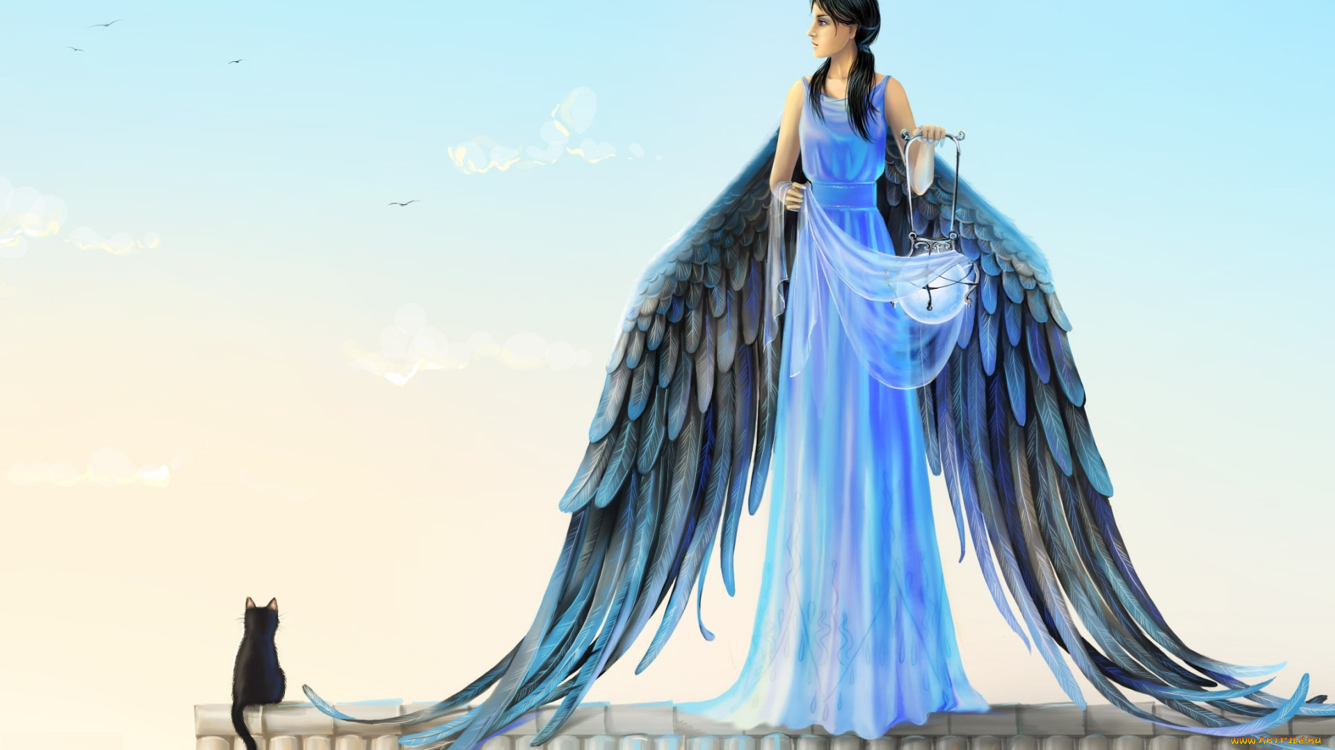 фэнтези, ангелы, свет, платье, фонарь, крылья, ангел