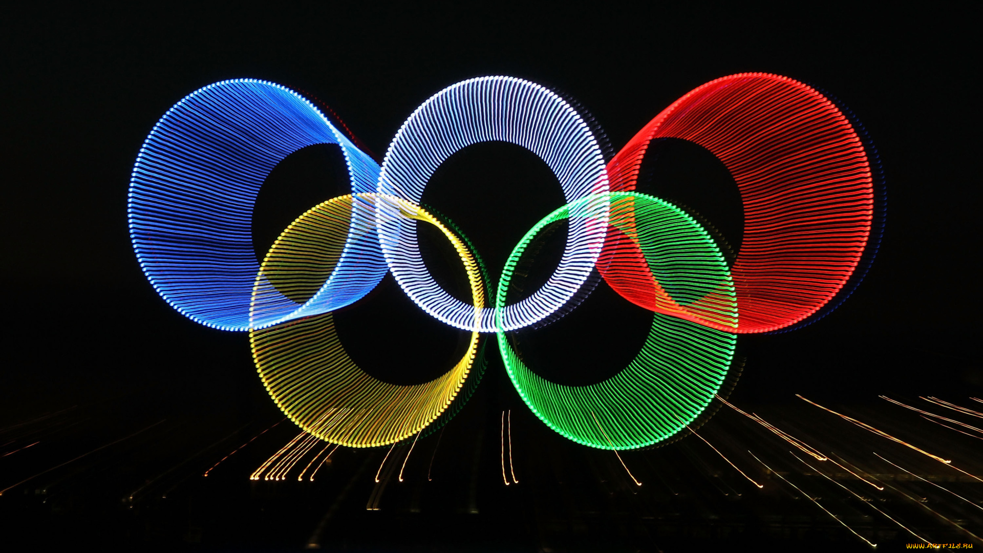 спорт, 3d, рисованные, олимпиада, кольца, лучи, огни, абстракция