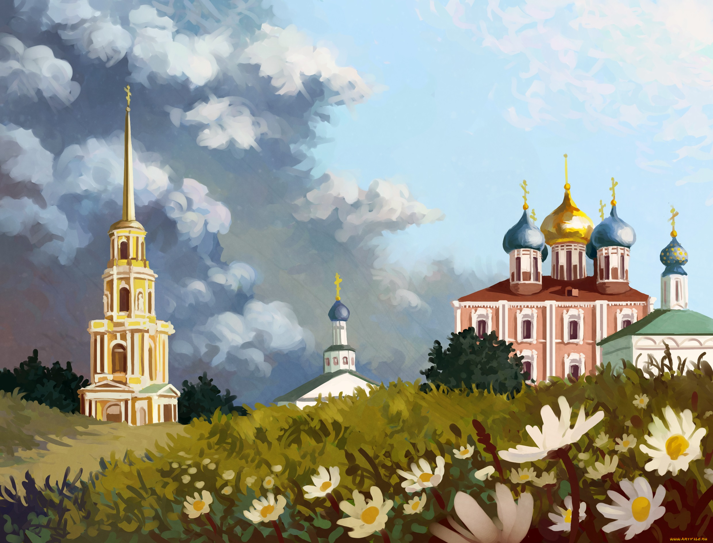 рисованное, религия, цветы, облака, церковь