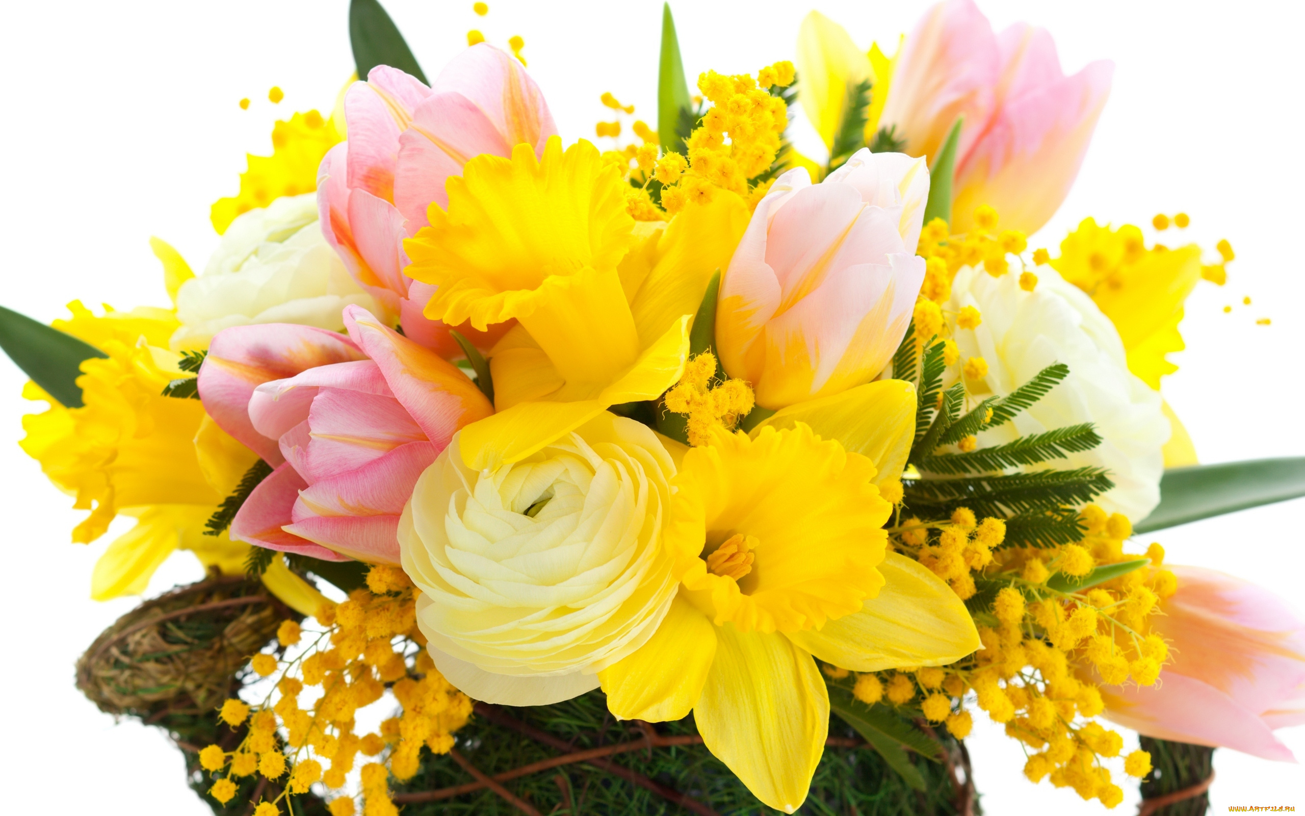 цветы, букеты, , композиции, petals, bouquet, mimosa, yellow, narcissus, pink, bright, flowers, tulips, розовые, тюльпаны, листья, букет, мимоза, жёлтые, нарциссы, красота, лепестки