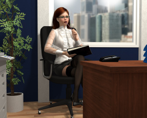 Картинка 3д+графика люди+ people девушка взгляд фон стол офис