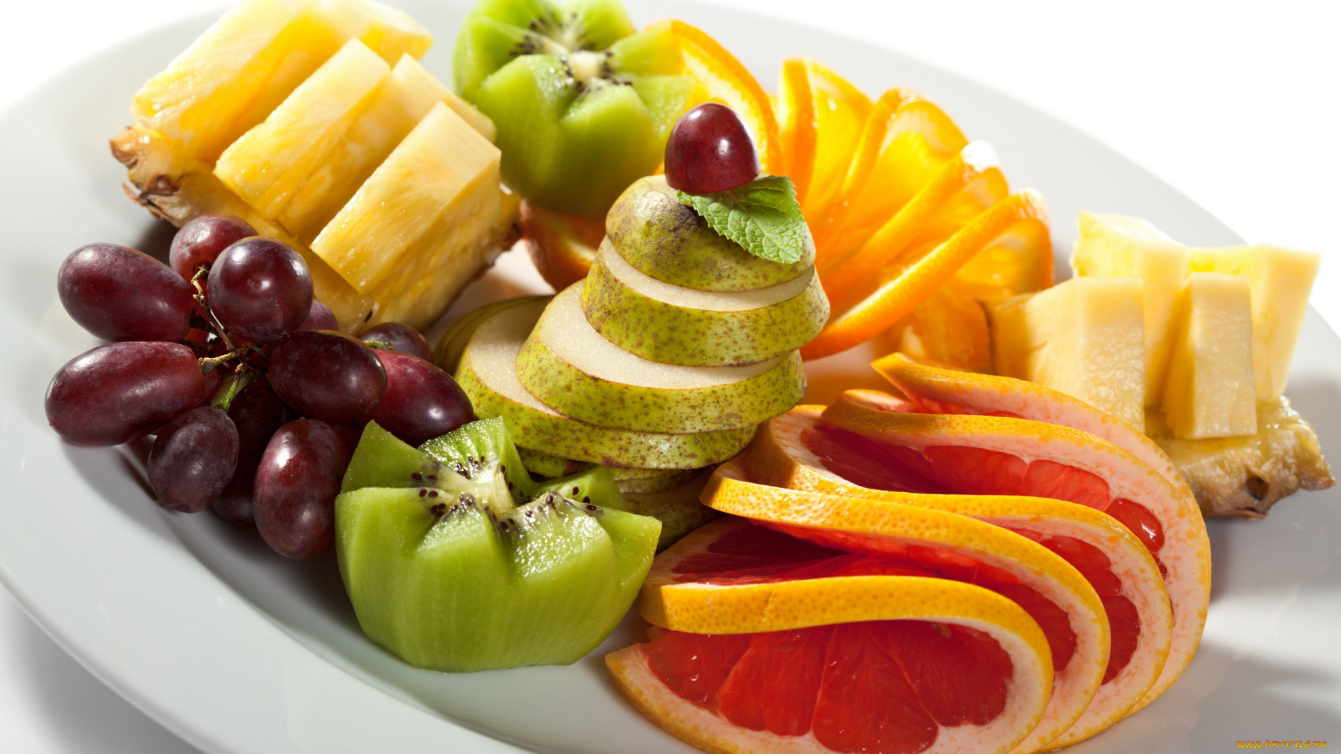 еда, фрукты, , ягоды, грейпфрут, киви, груша, виноград, апельсин, ананас