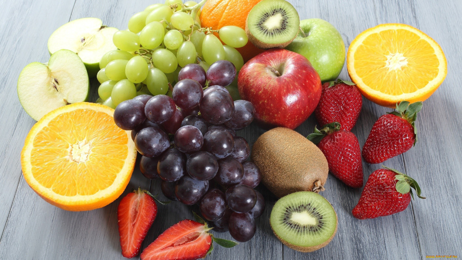 еда, фрукты, , ягоды, киви, лимон, апельсин, яблоки, клубника, виноград