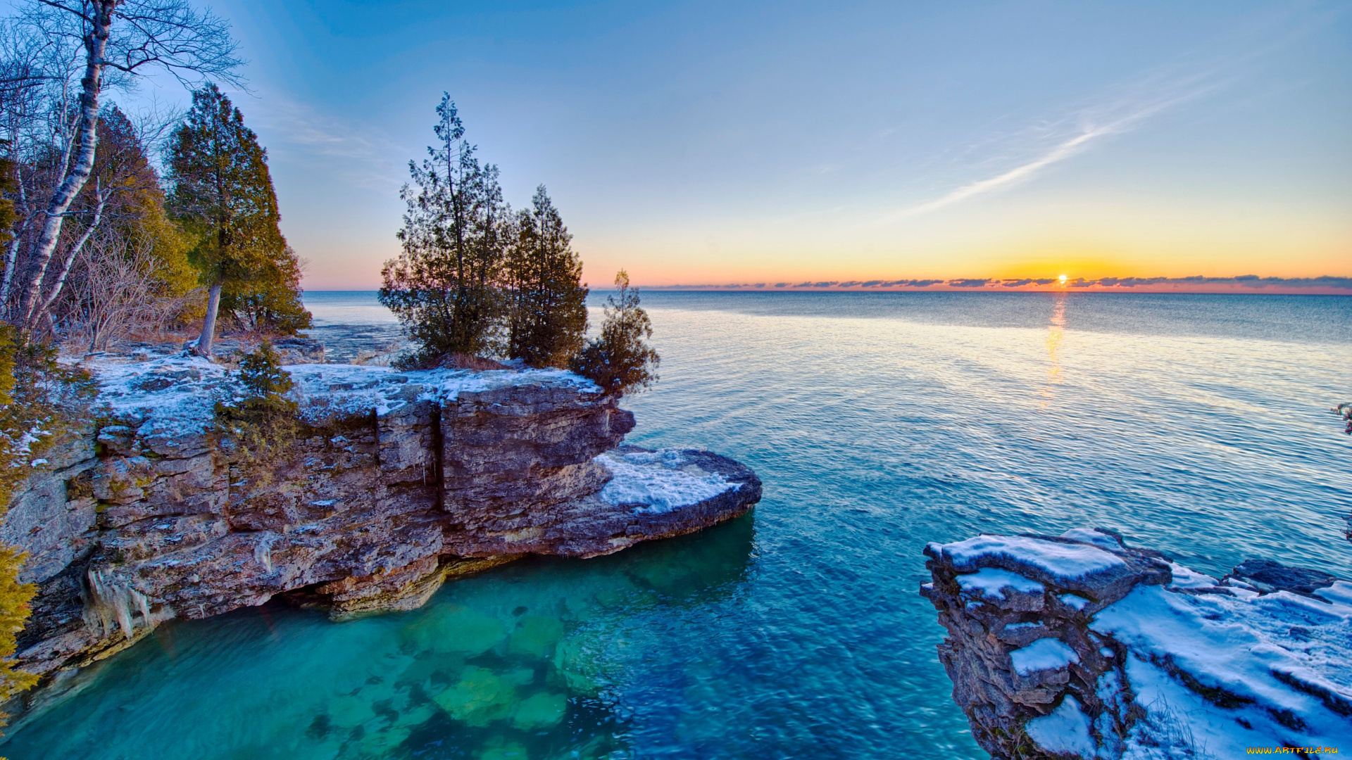 природа, реки, озера, деревья, восход, lake, michigan, озеро, мичиган, скалы