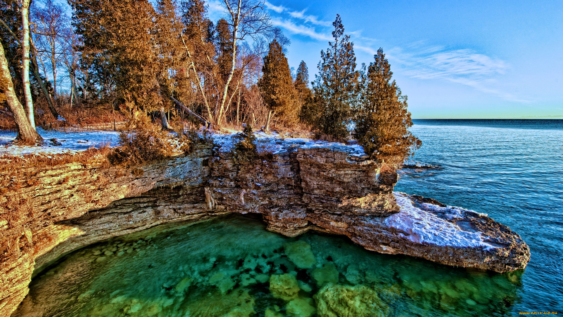 природа, реки, озера, скалы, lake, michigan, озеро, мичиган, деревья, берег