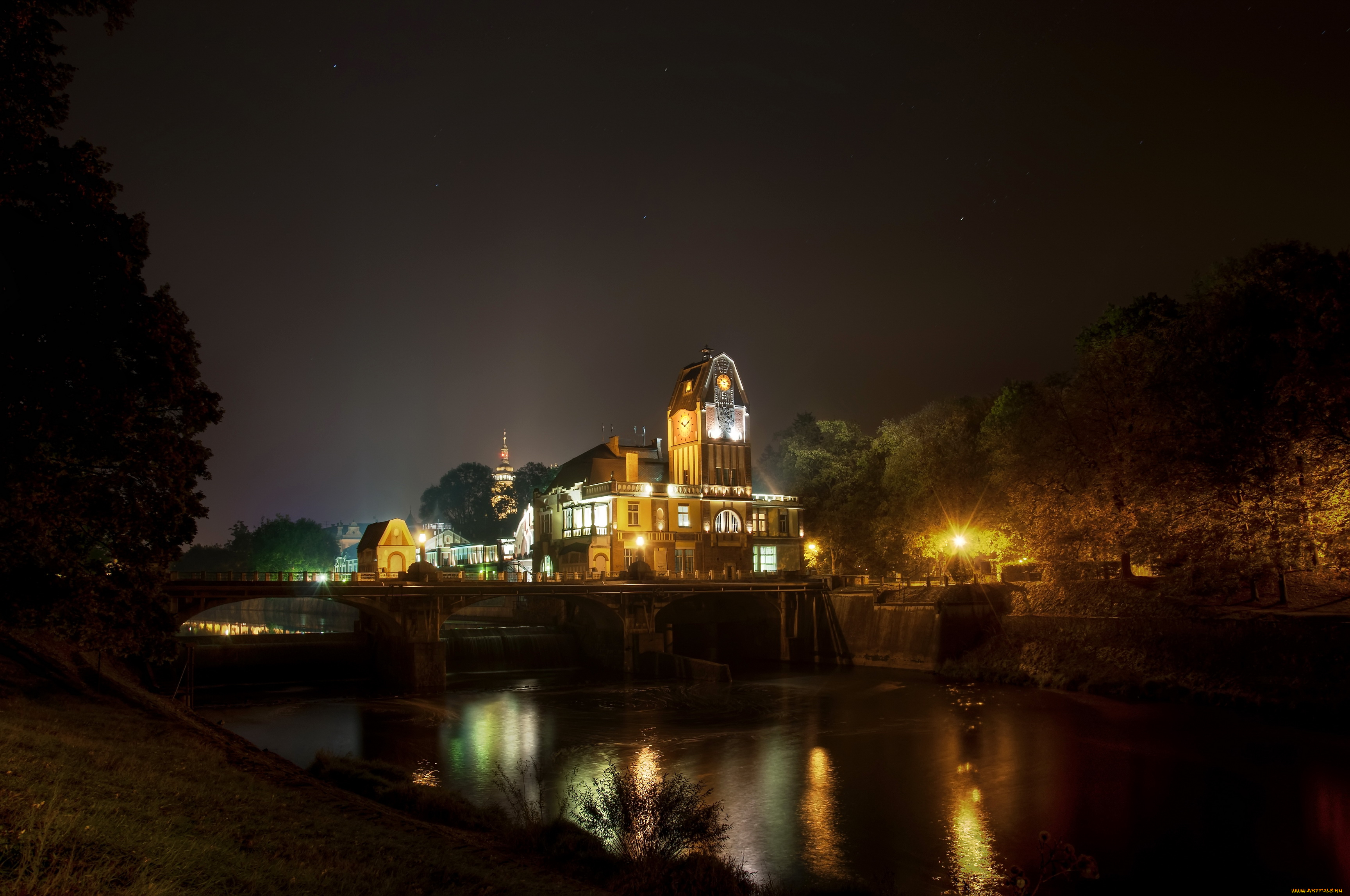 hradec, krаlovе, Чехия, города, огни, ночного, ночь, дома, улица