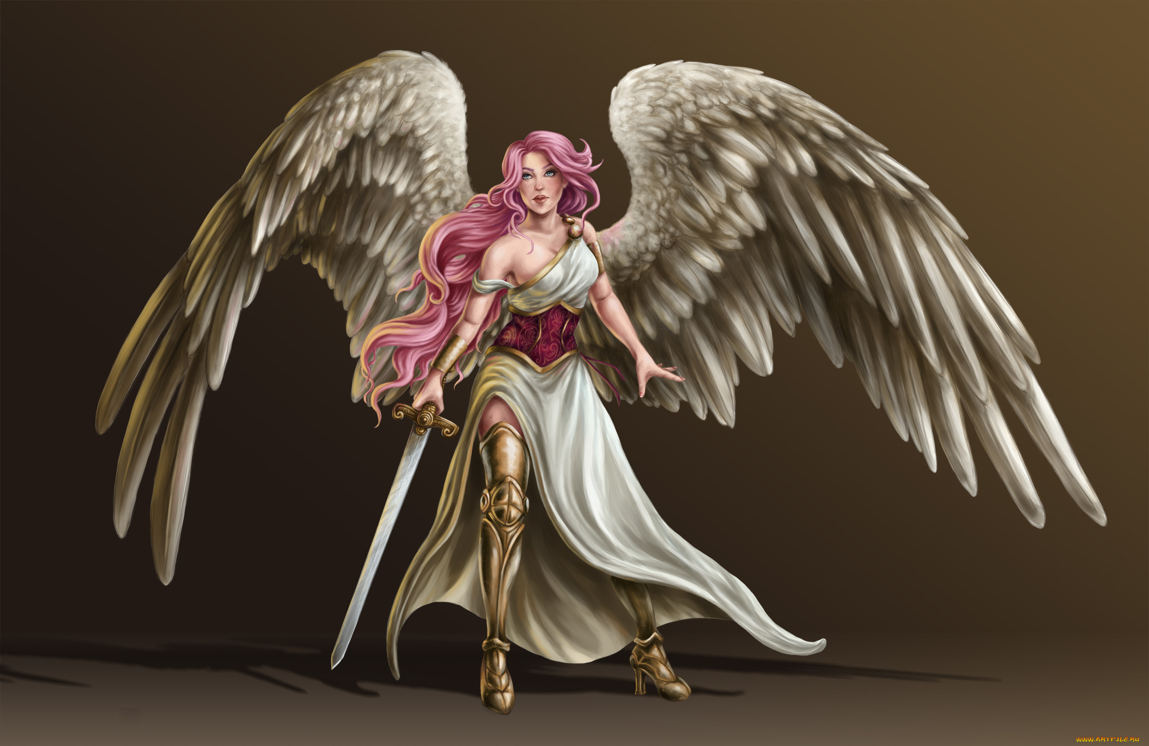 фэнтези, ангелы, девушка, фон, взгляд, меч, крылья