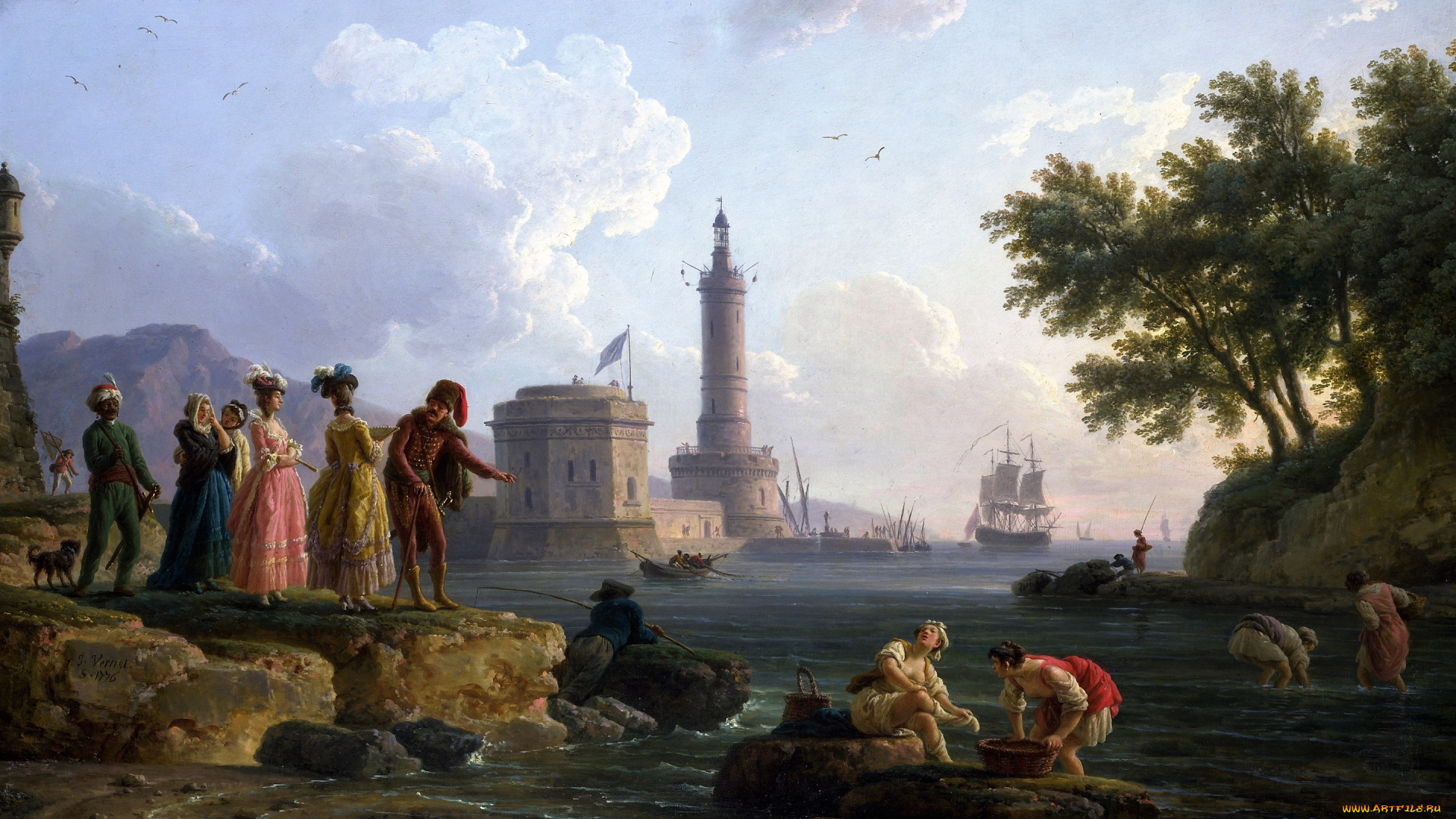 claude, joseph, vernet, рисованное, живопись, люди, берег, море, корабль, маяк