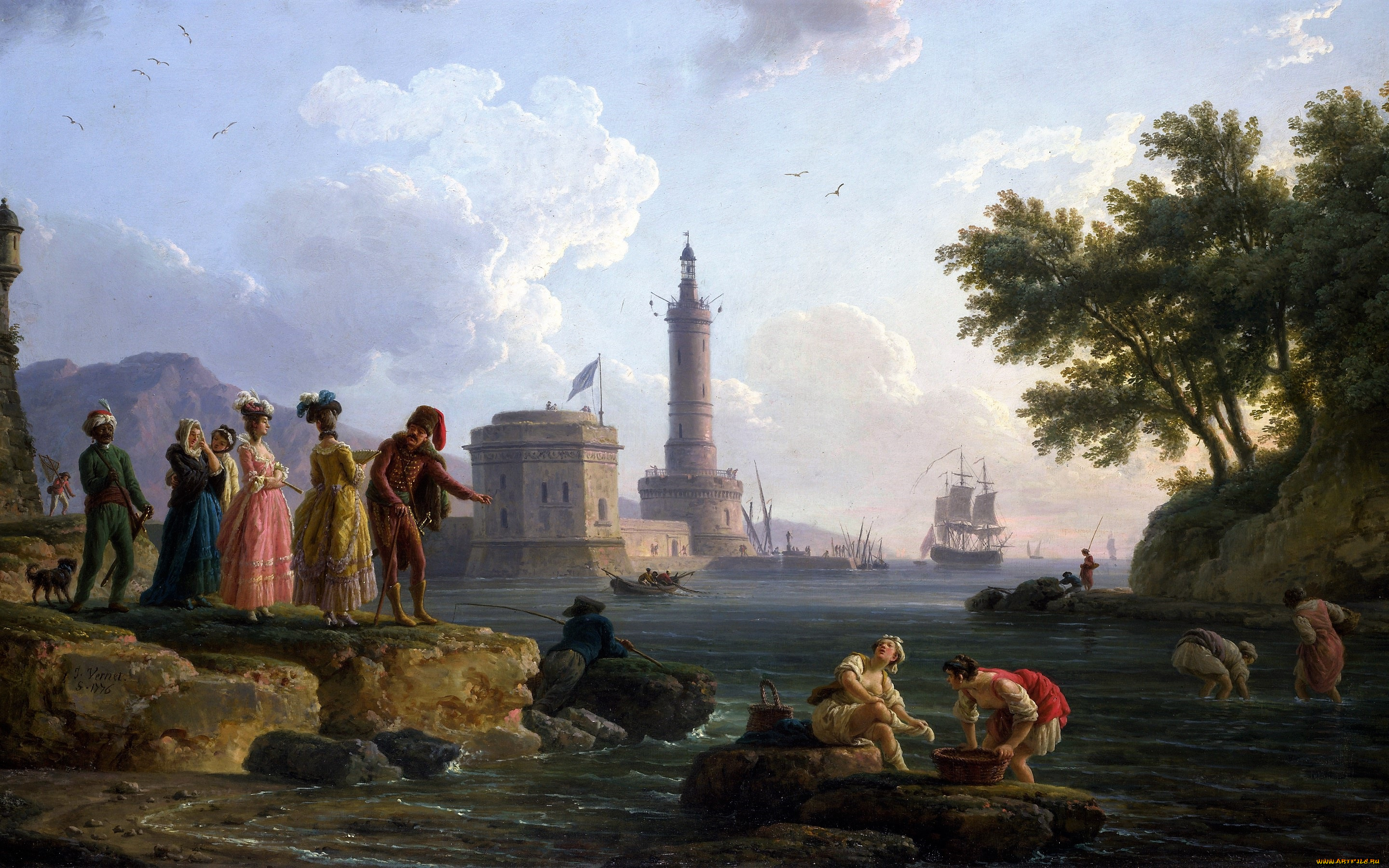 claude, joseph, vernet, рисованное, живопись, люди, берег, море, корабль, маяк