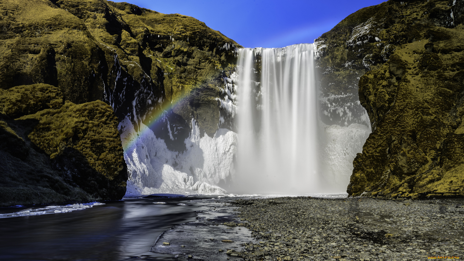 водопад, скогафосс, skogafoss, исландия, природа, водопады, iceland, скалы, радуга, река