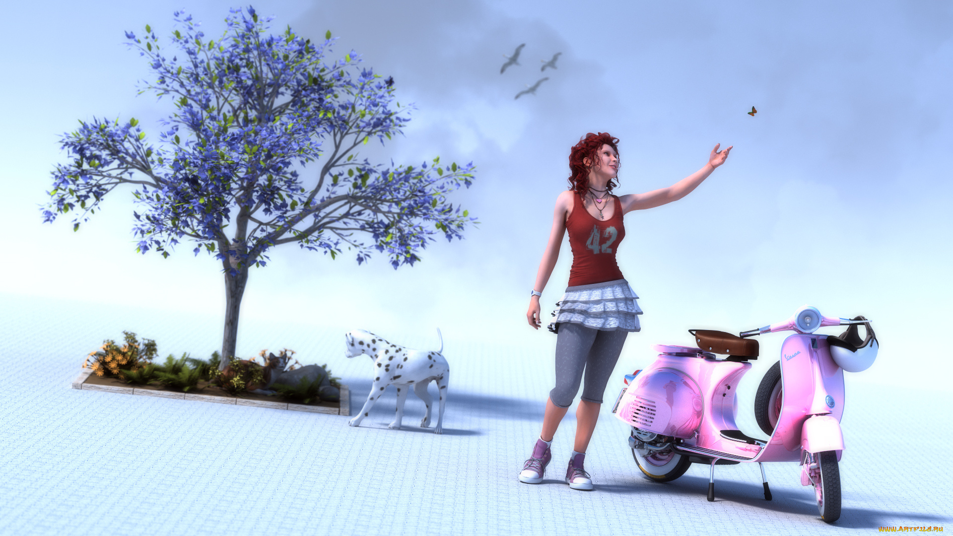 мотоциклы, 3d, девушка, взгляд, фон, мотоцикл, собака, дерево, бабочки, птицы