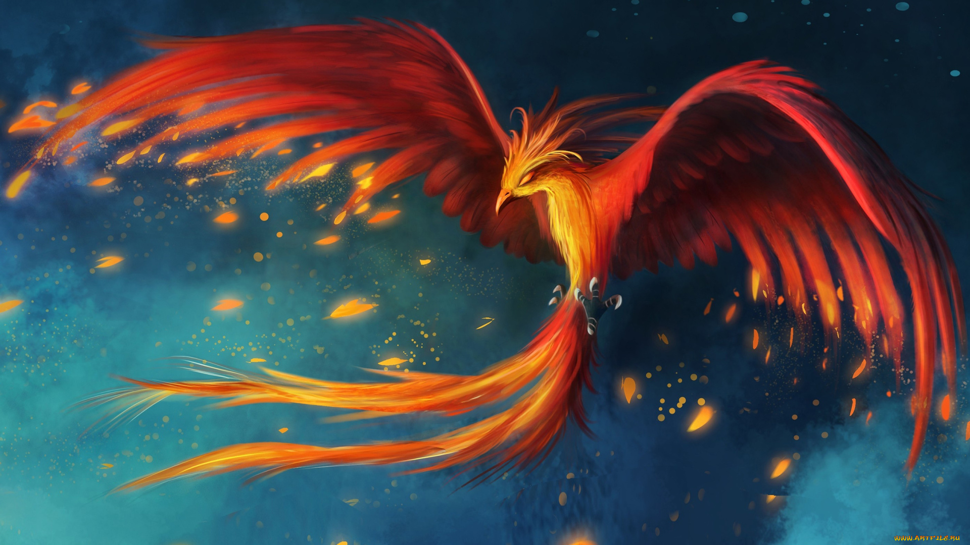 фэнтези, существа, возрождение, птица, искры, огонь, крылья, феникс