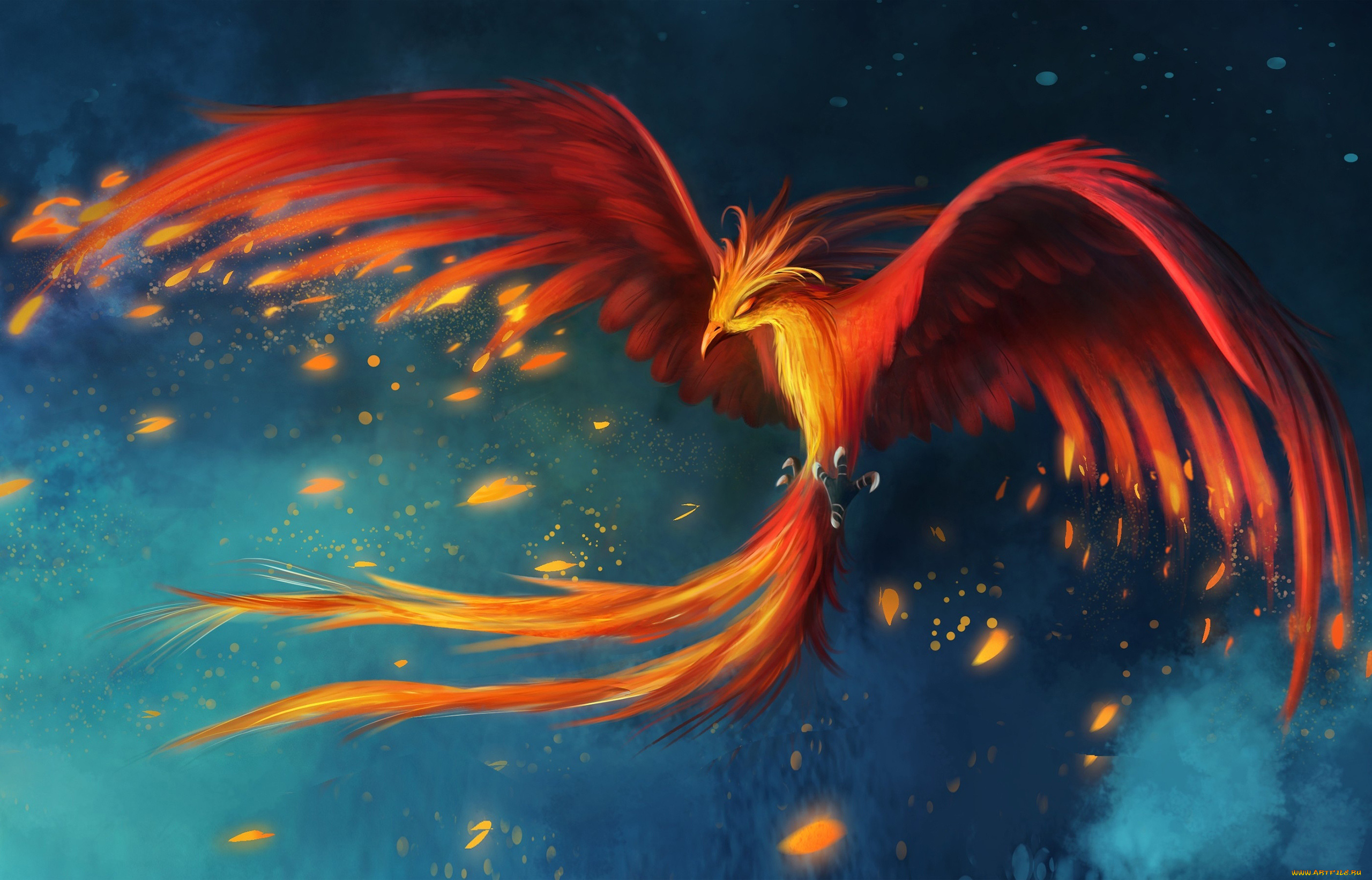фэнтези, существа, возрождение, птица, искры, огонь, крылья, феникс