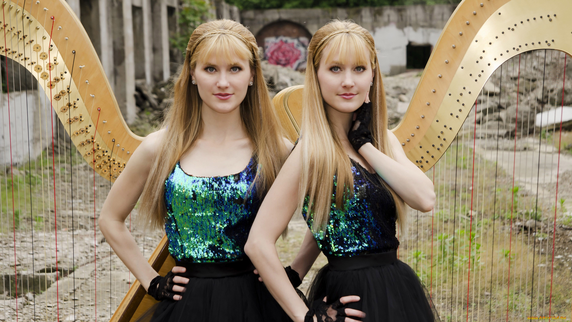 девушка, музыка, harp, twins, модель