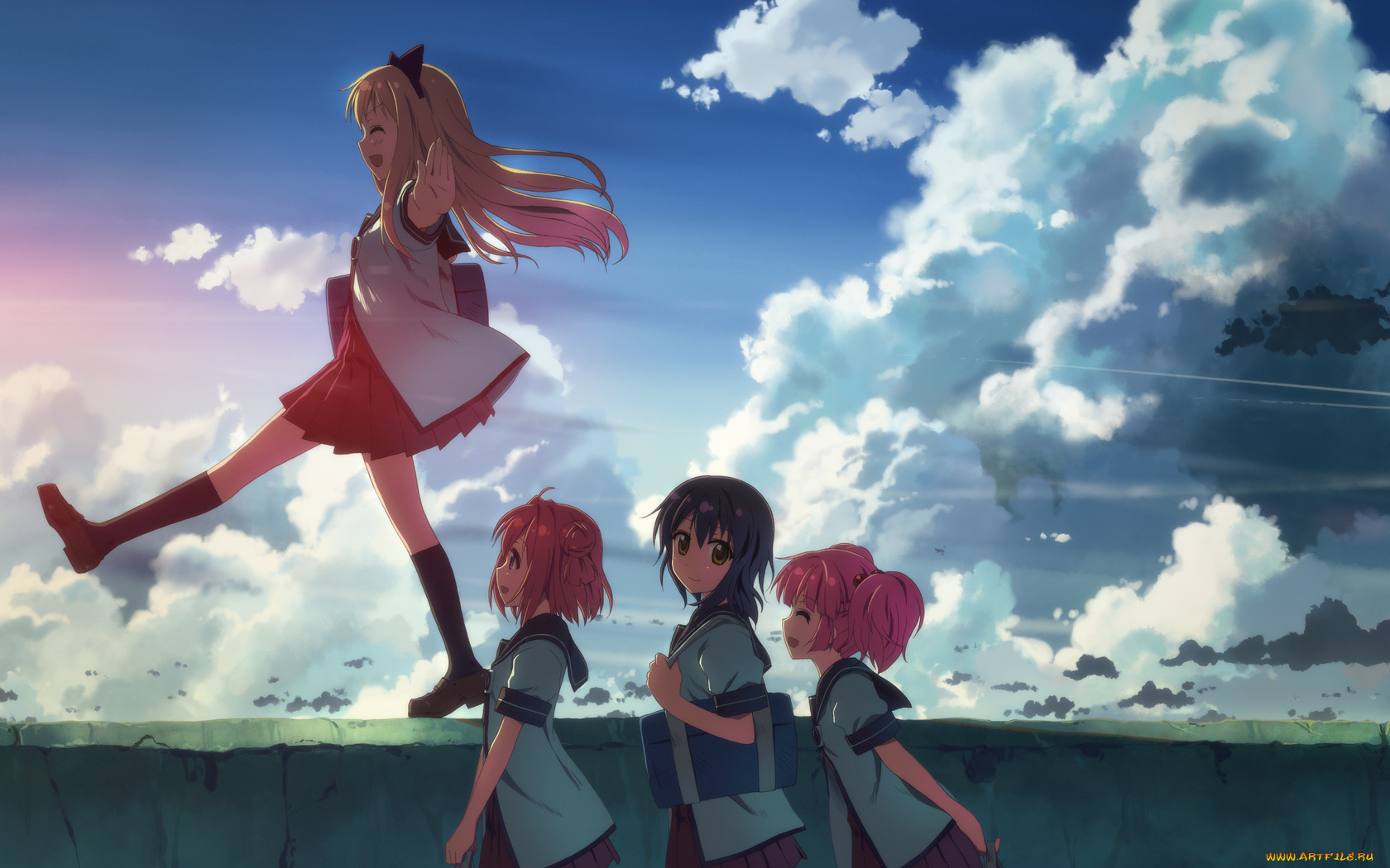 аниме, yuru, yuri, облака, девушки
