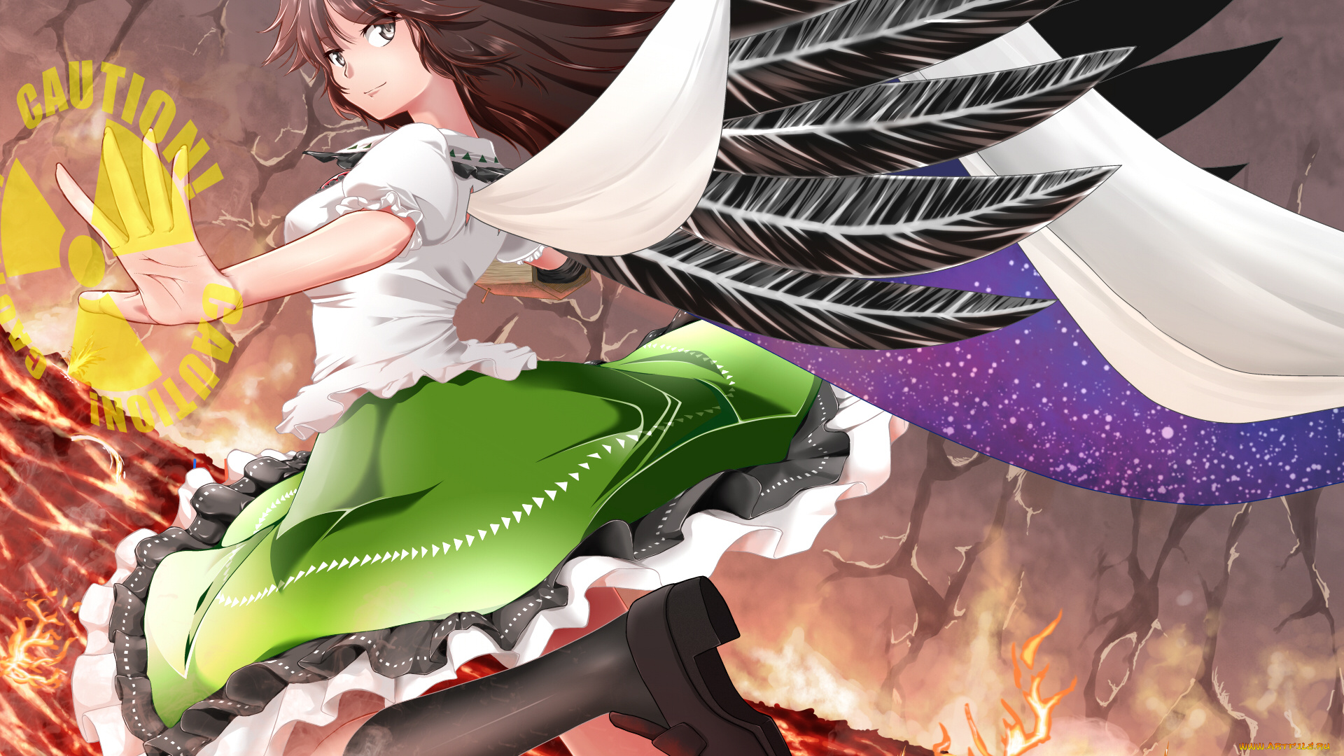 аниме, touhou, reiuji, utsuho, крылья, огонь, магия, девушка