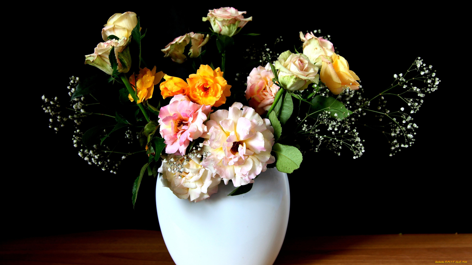 цветы, букеты, композиции, розы, гипсофила, ваза