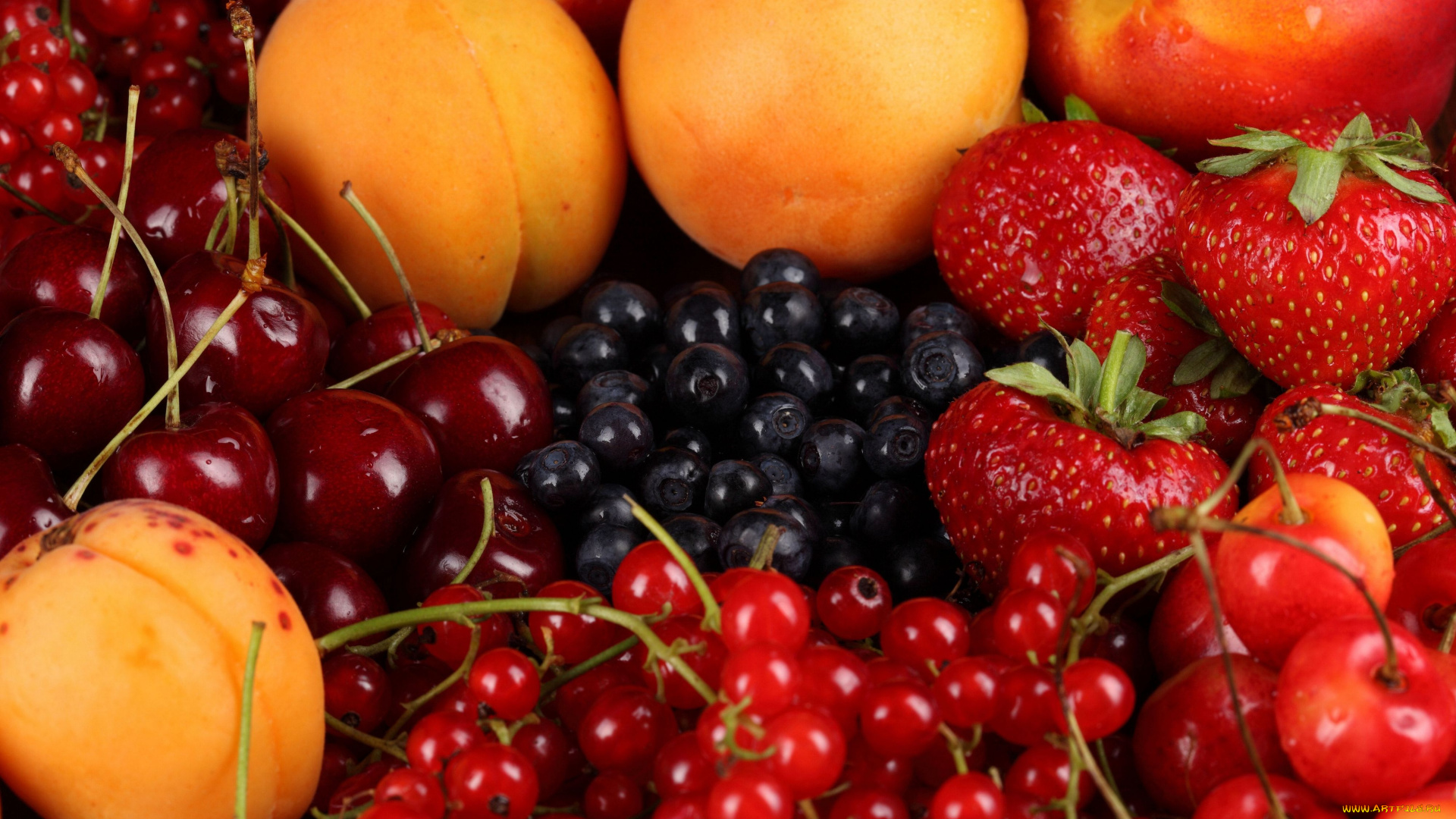 еда, фрукты, ягоды, витамины, абрикос, голубика, нектарины, клубника, красная, смородина, черешня