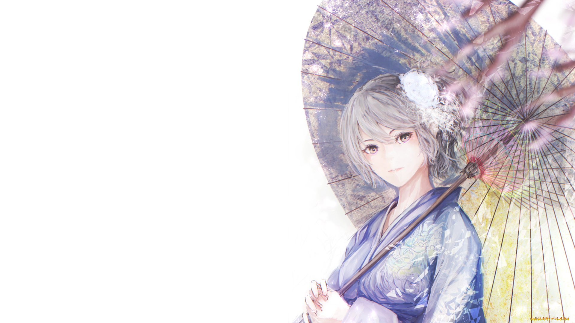 аниме, unknown, , другое, ветки, девушка, кимоно, зонт, сакура