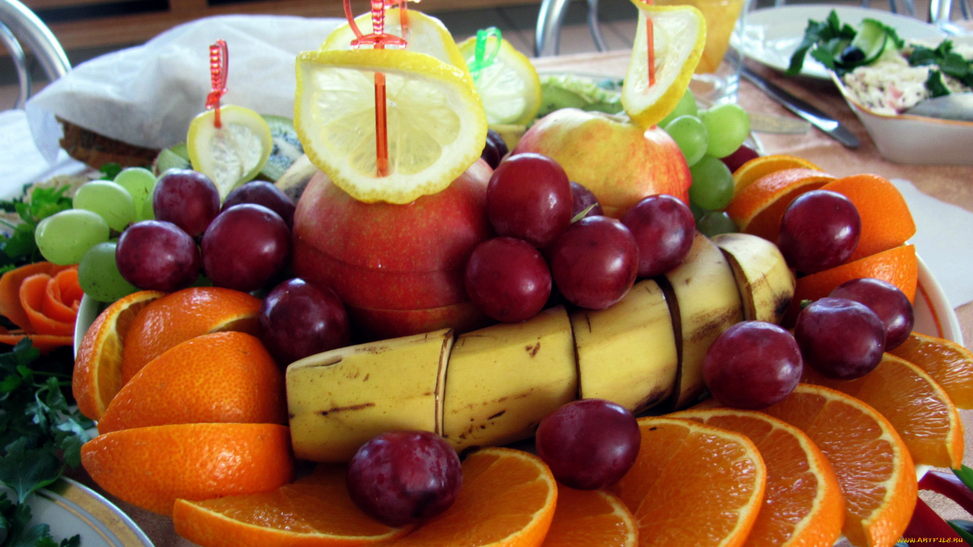 еда, фрукты, , ягоды, бабаны, яблоки, виноград, лимон, апельсины