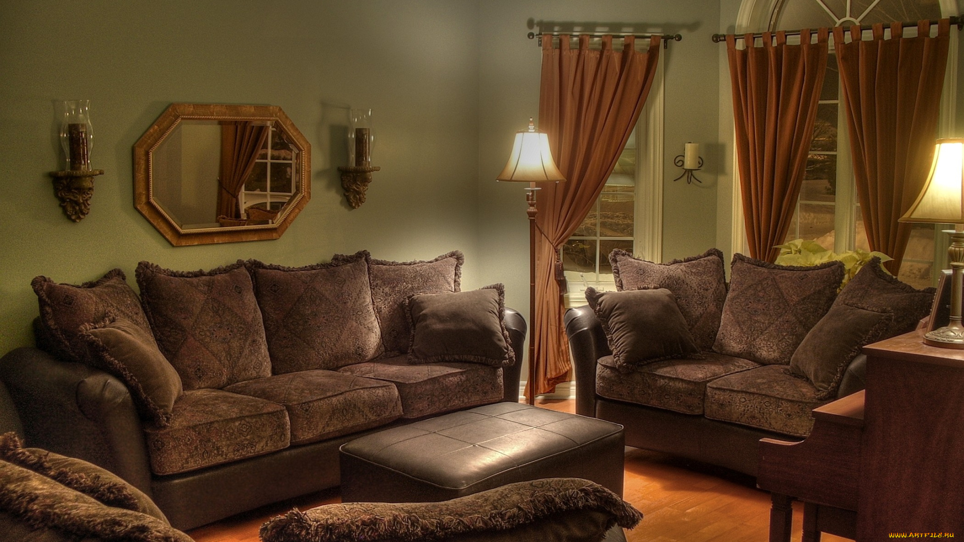 интерьер, гостиная, диван, столик, шторы