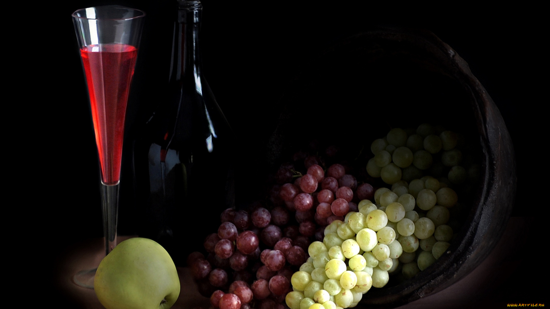 еда, натюрморт, бутылка, бокал, вино, виноград, яблоко