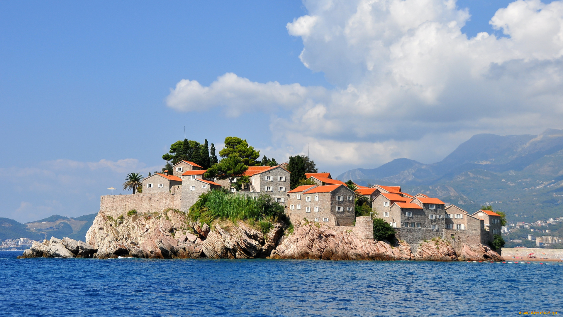 остров, святого, стефана, Черногории, города, панорамы, дома, море