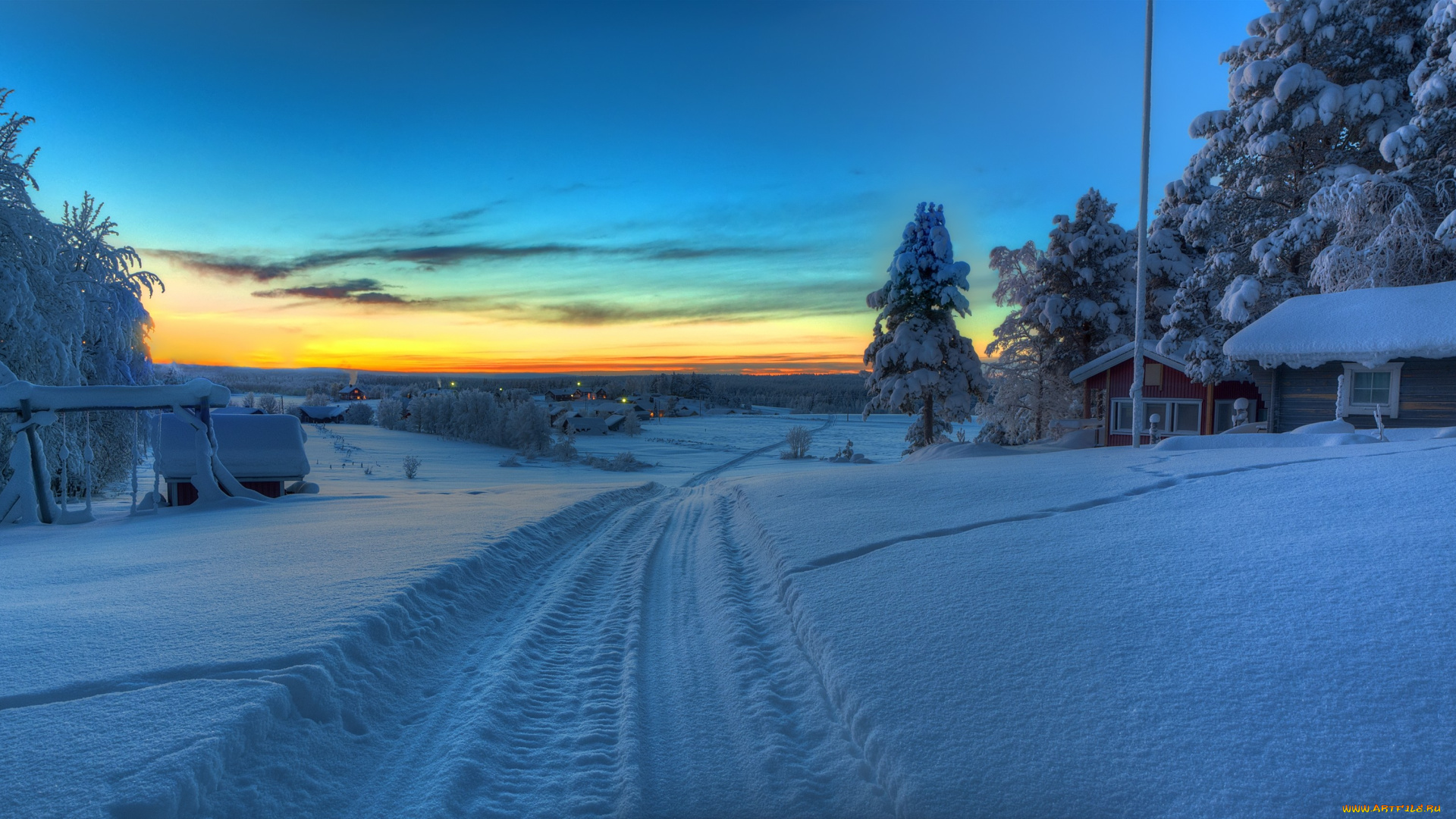 природа, зима, панорама, пейзаж, домик, дорога, закат, sweden, norrland, tornedalen