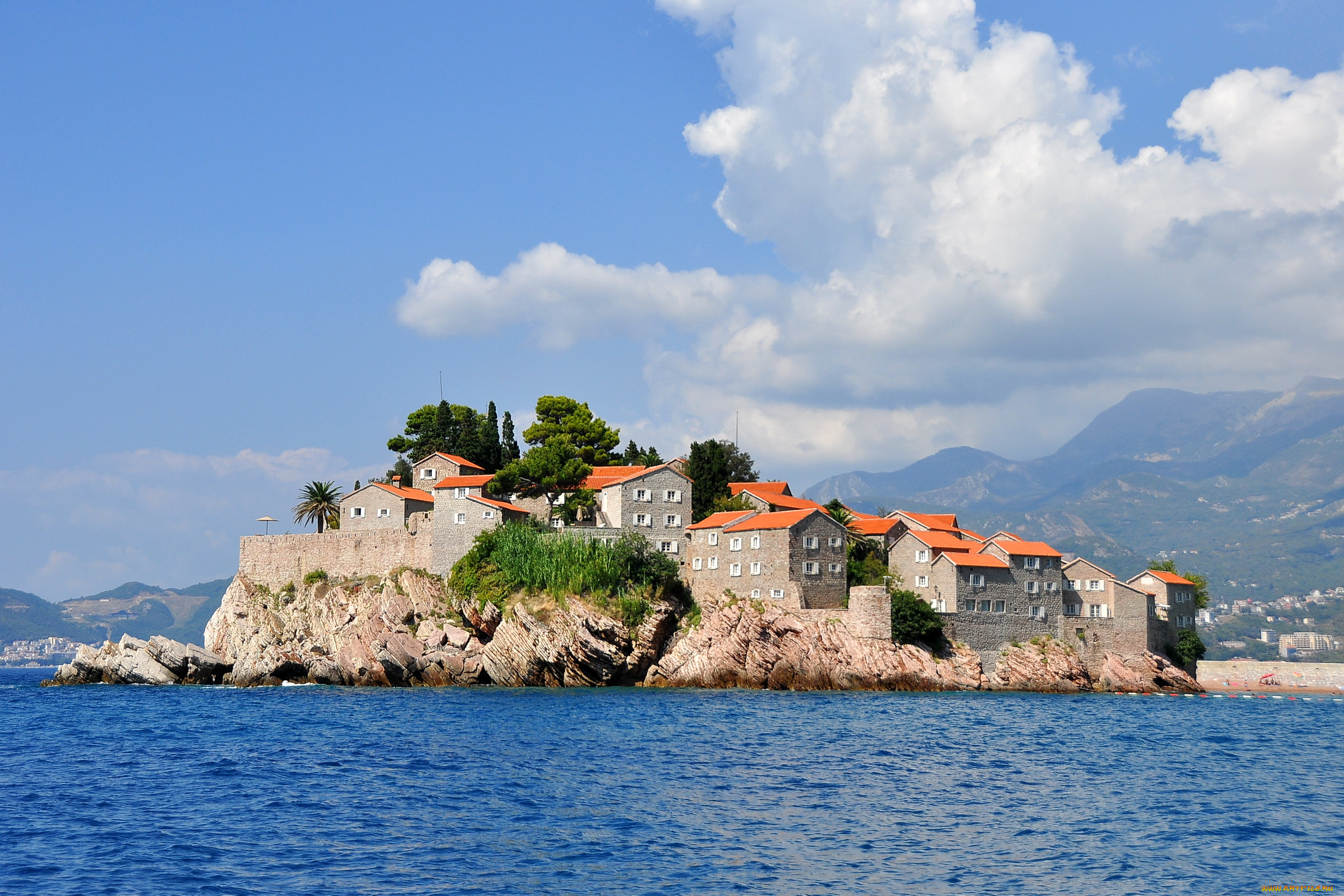 остров, святого, стефана, Черногории, города, панорамы, дома, море
