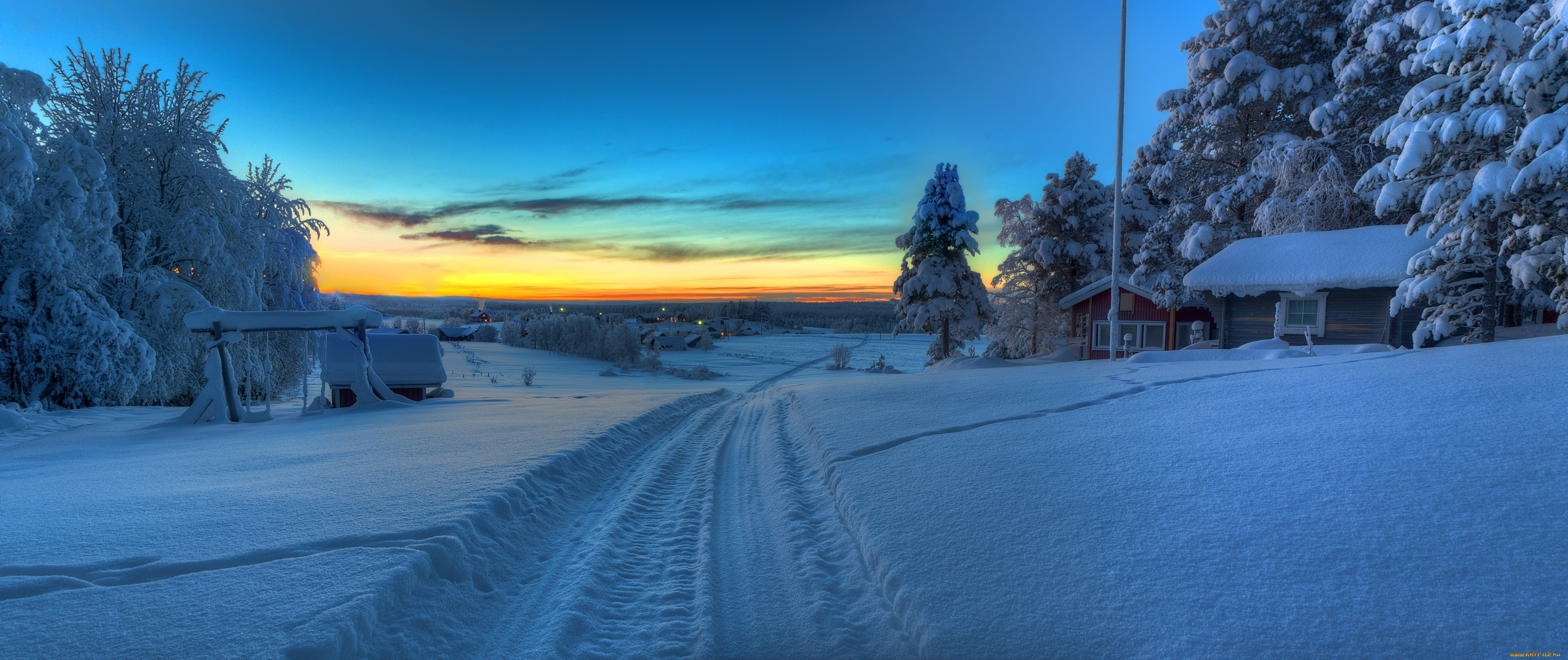 природа, зима, панорама, пейзаж, домик, дорога, закат, sweden, norrland, tornedalen