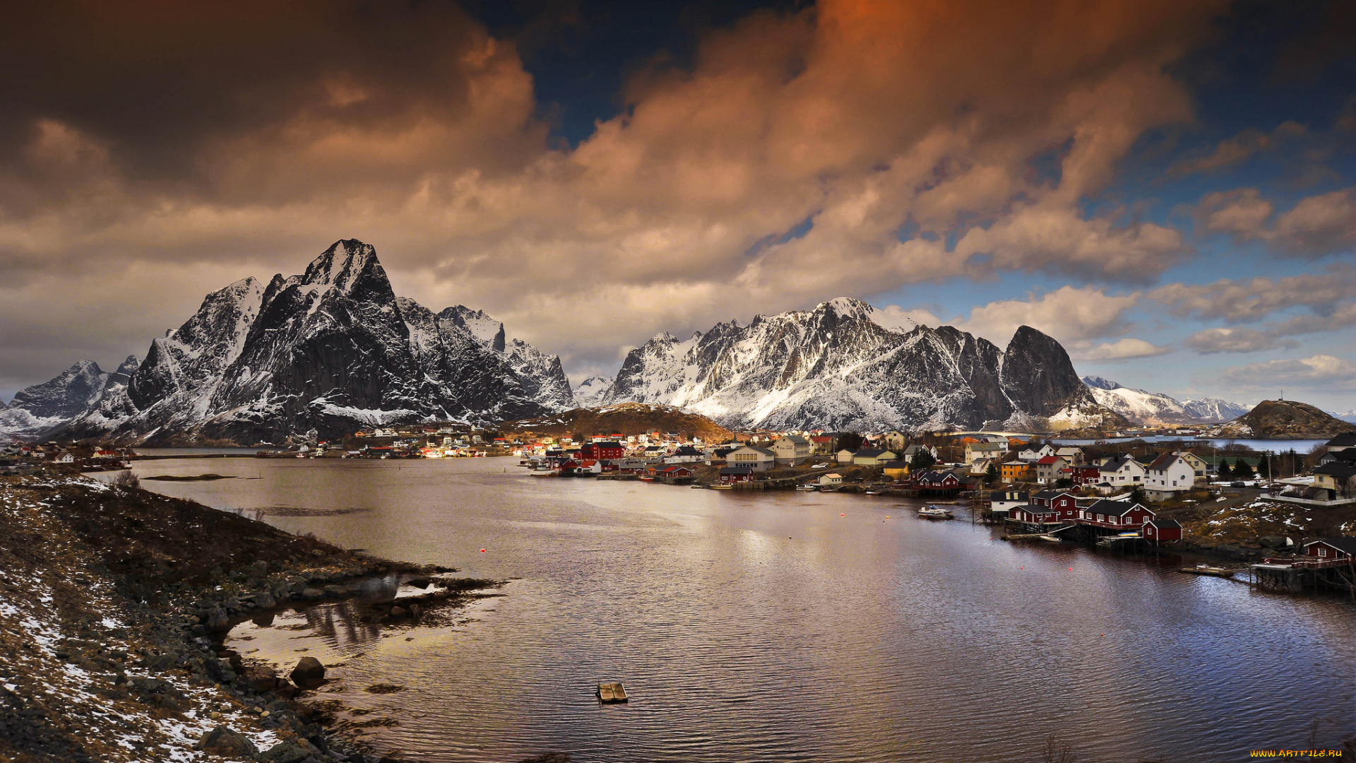 reine, , moskenes, , norway, города, -, пейзажи, зима, поселок, залив, горы, норвегия