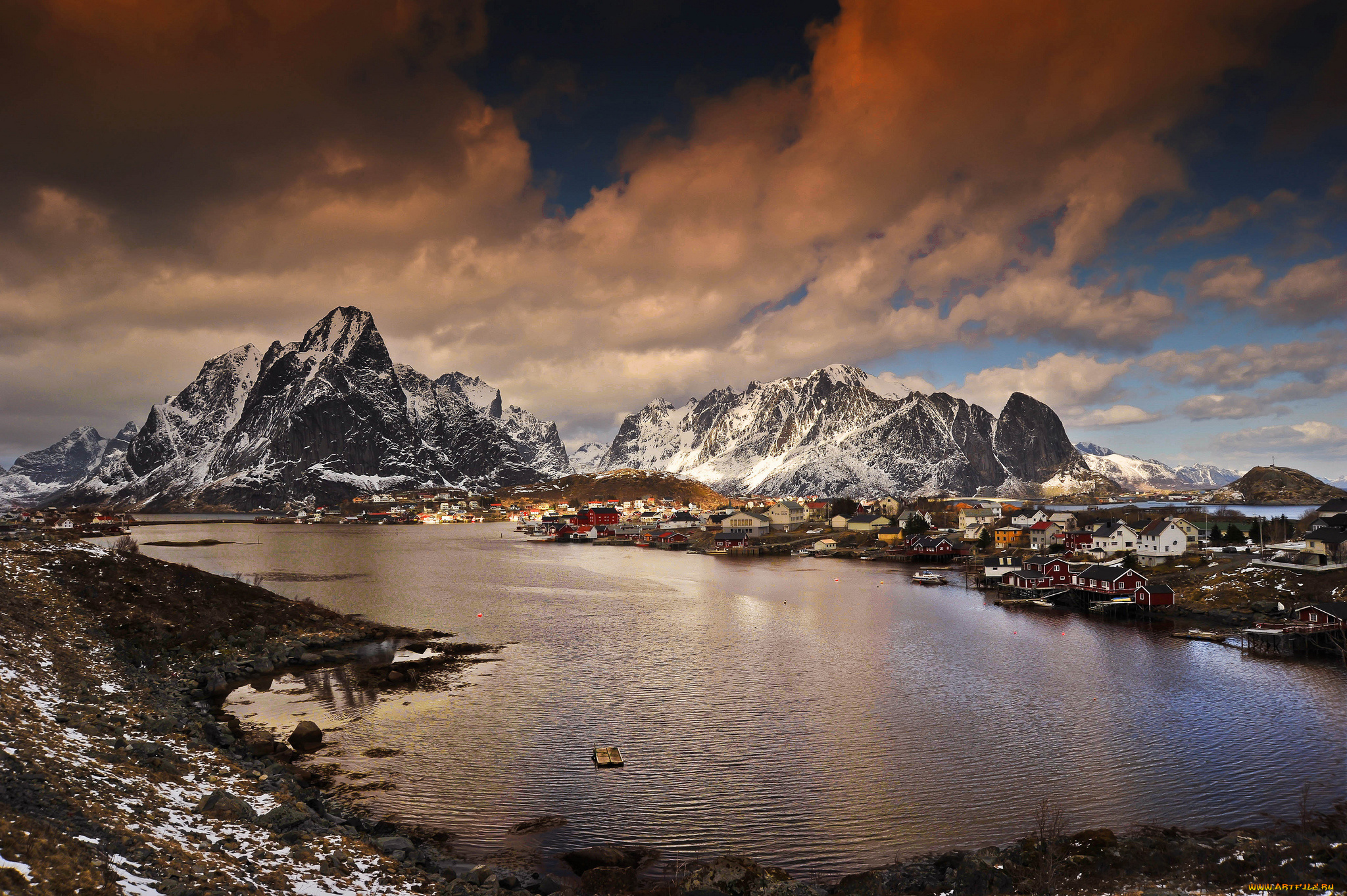 reine, , moskenes, , norway, города, -, пейзажи, зима, поселок, залив, горы, норвегия