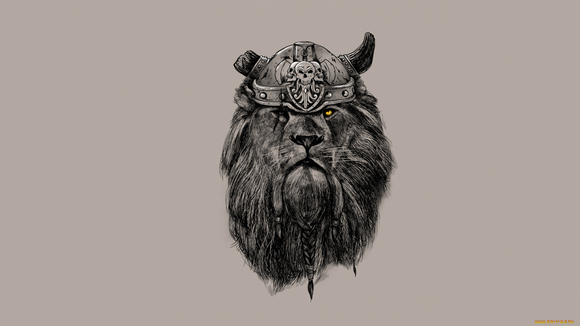 рисованное, минимализм, взгляд, лев, грива, рога, шлем, косы, викинг