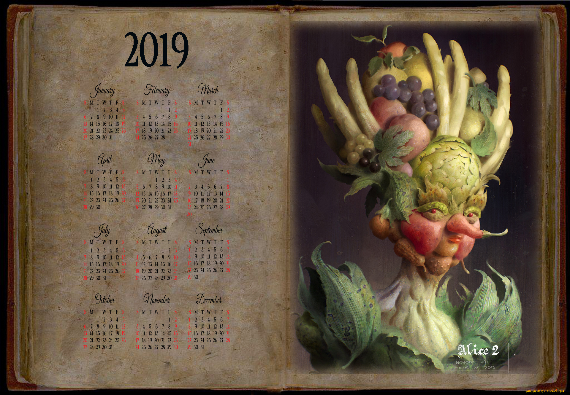 календари, фэнтези, овощ, фрукт, книга, портрет