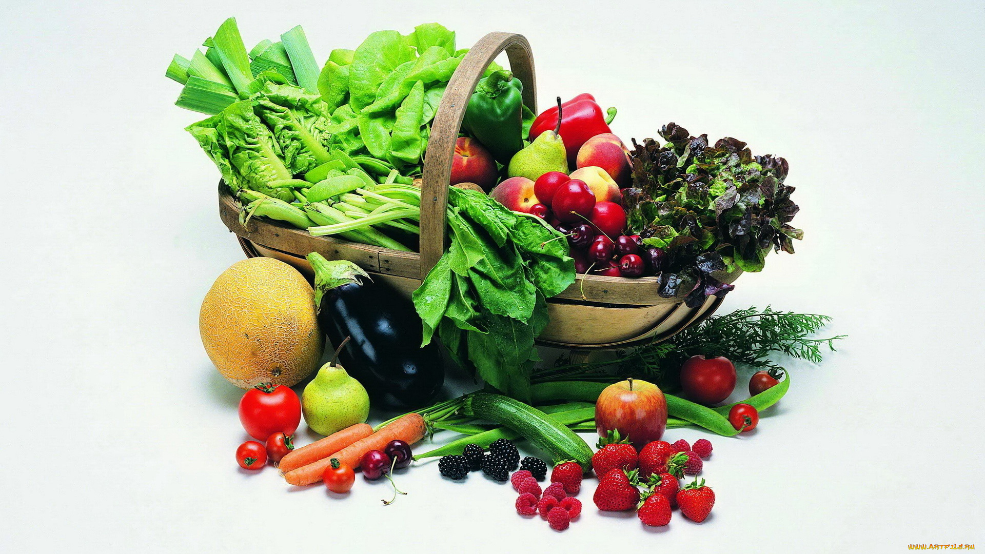 еда, фрукты, и, овощи, вместе, цукини, баклажан, морковь, перец, ягоды