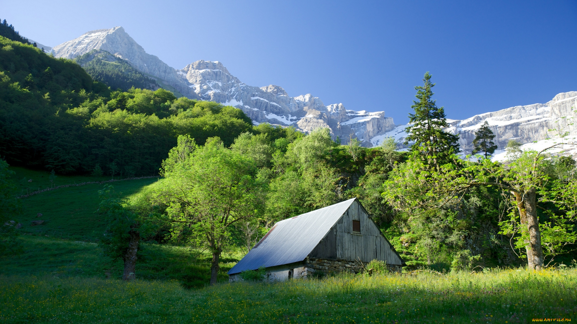 gavarnie, france, природа, горы, пейзаж, деревья, поляна, хижина, франция, гаварни