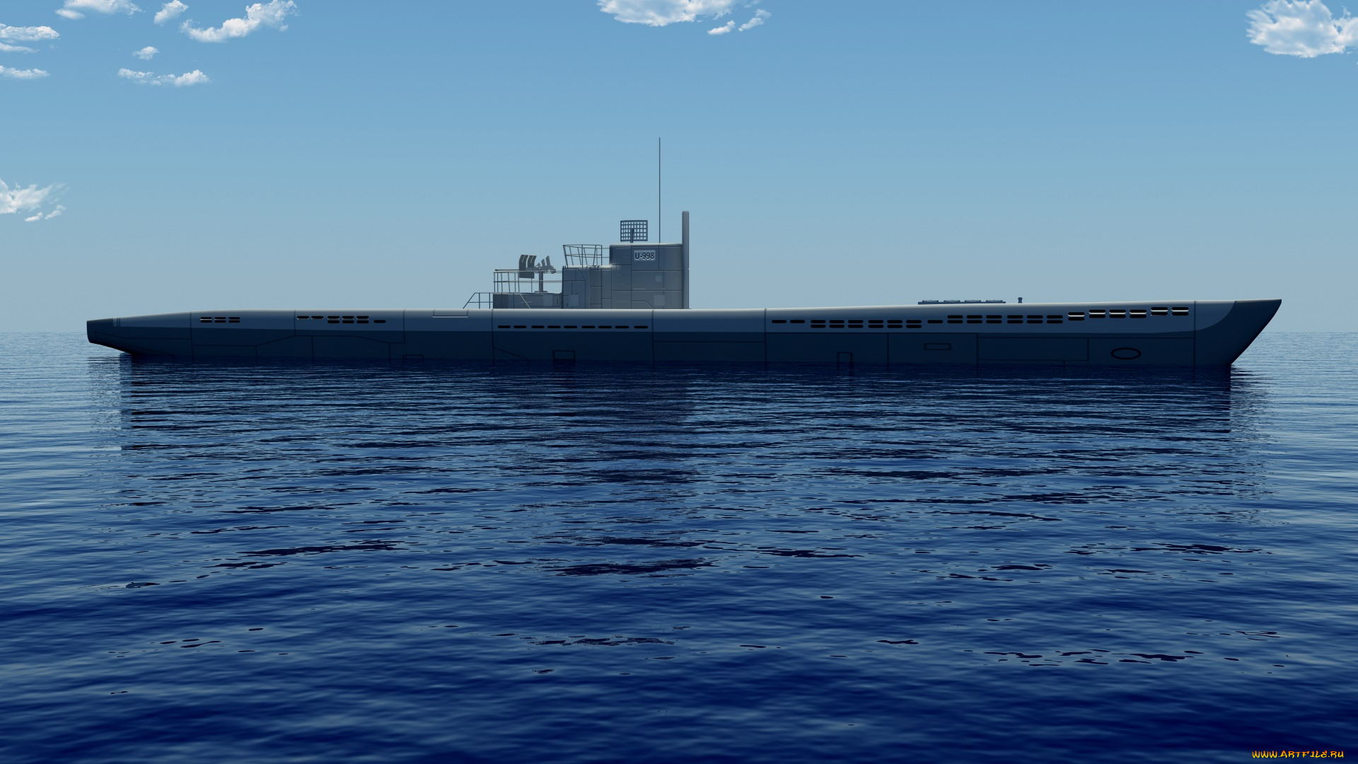 корабли, 3d, подводная, лодка, облака, море