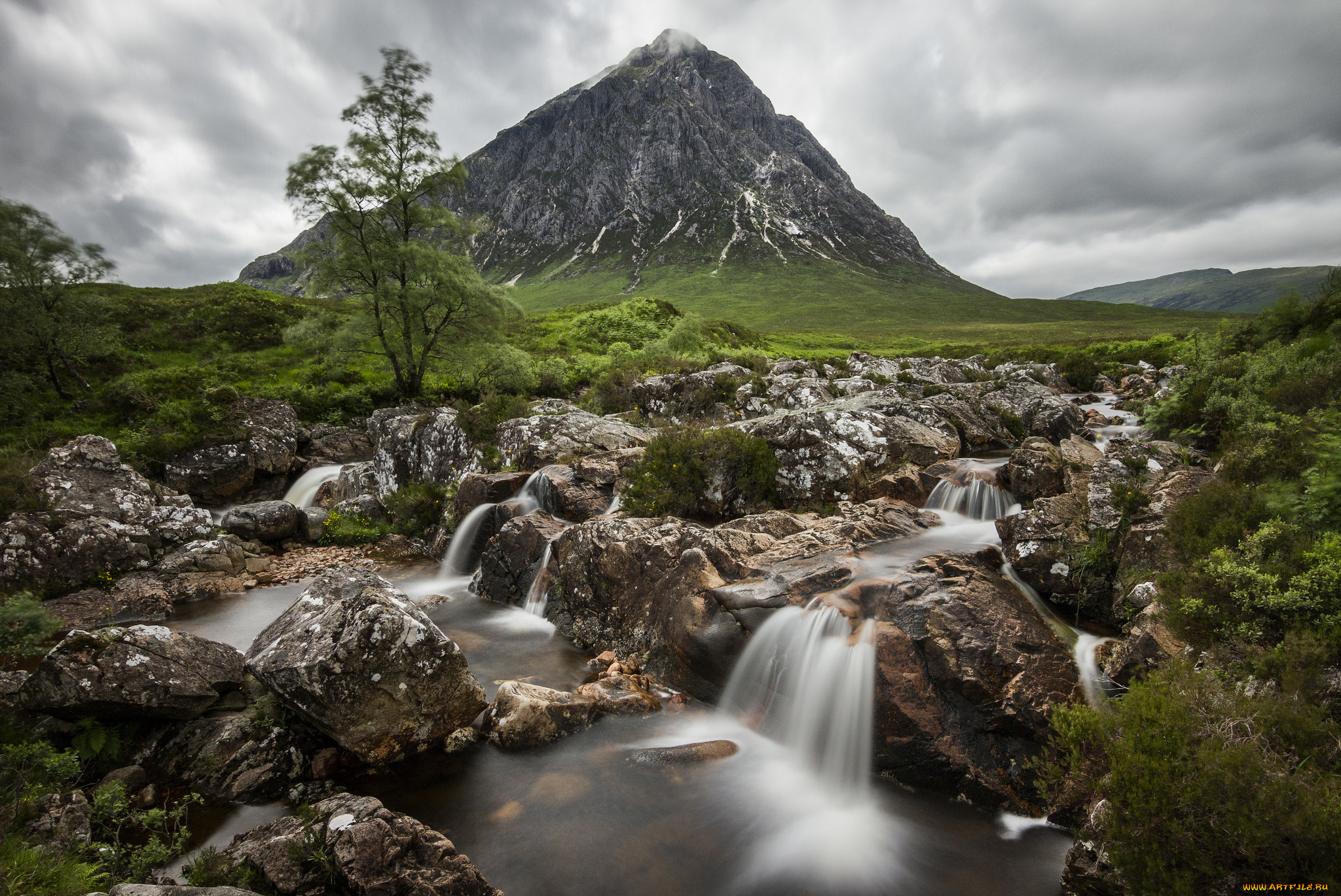 buachaille, etive, mor, glencoe, scotland, природа, горы, камни, ручей, шотландия