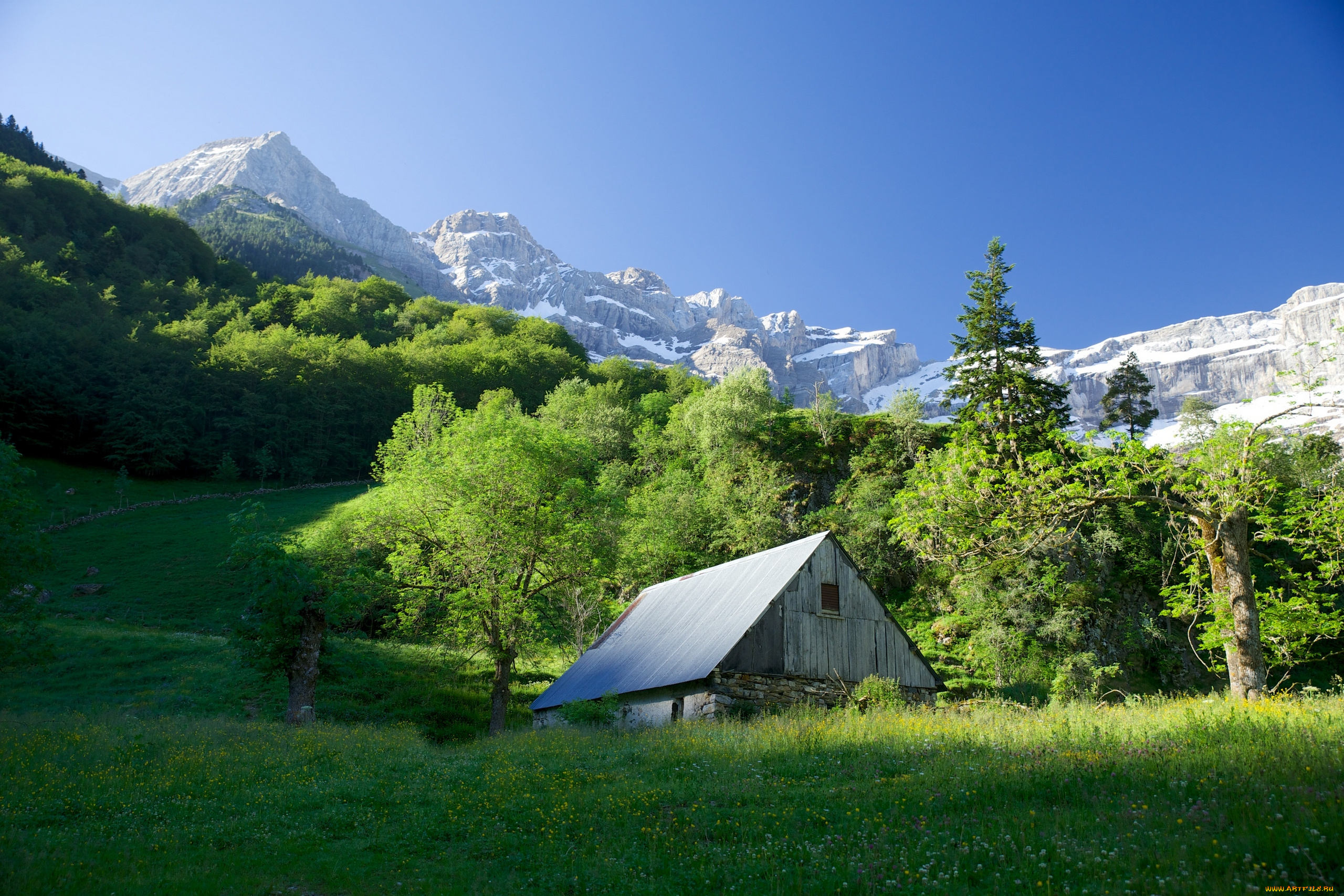 gavarnie, france, природа, горы, пейзаж, деревья, поляна, хижина, франция, гаварни