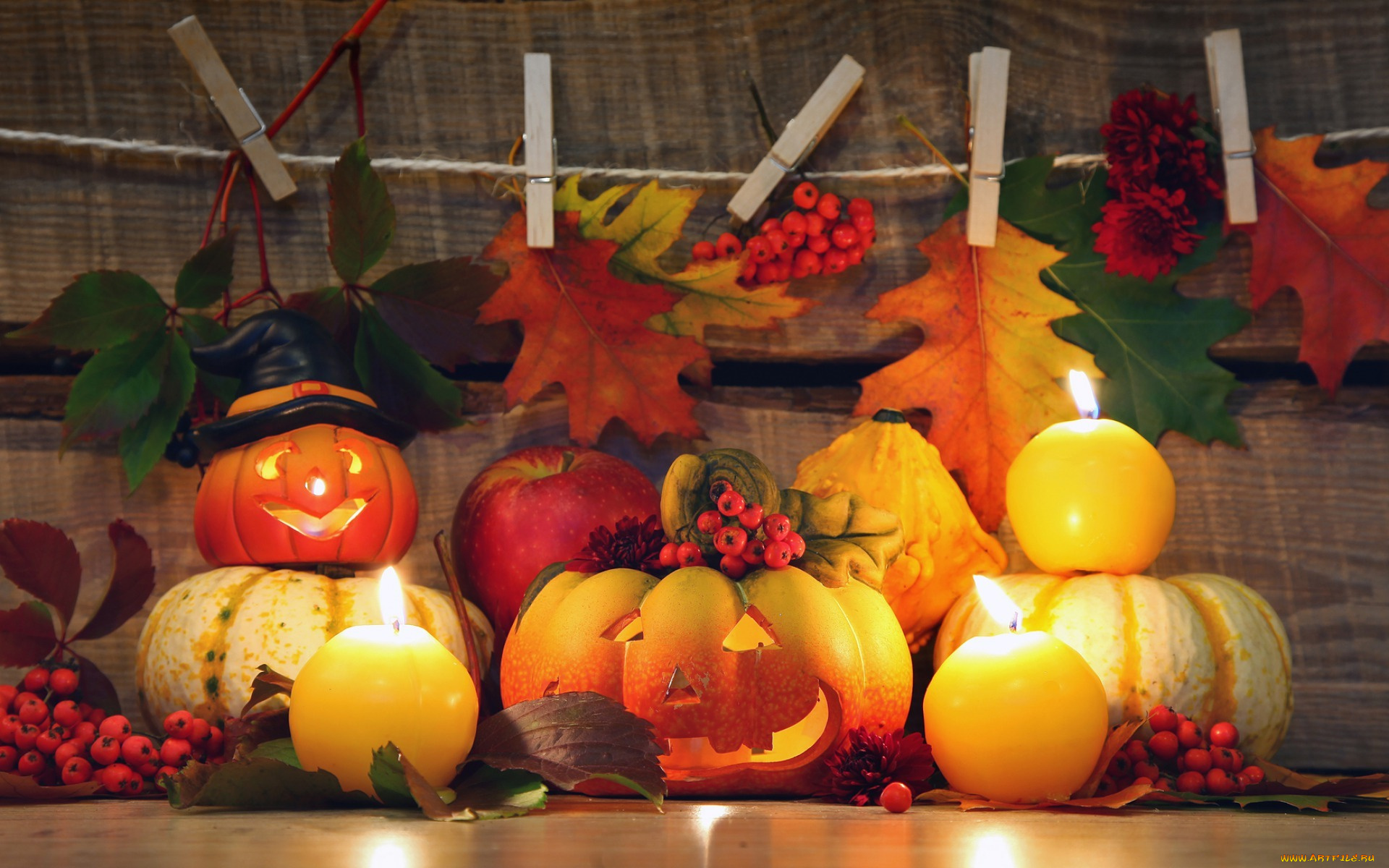 праздничные, хэллоуин, тыквы, осень, свечи, листья