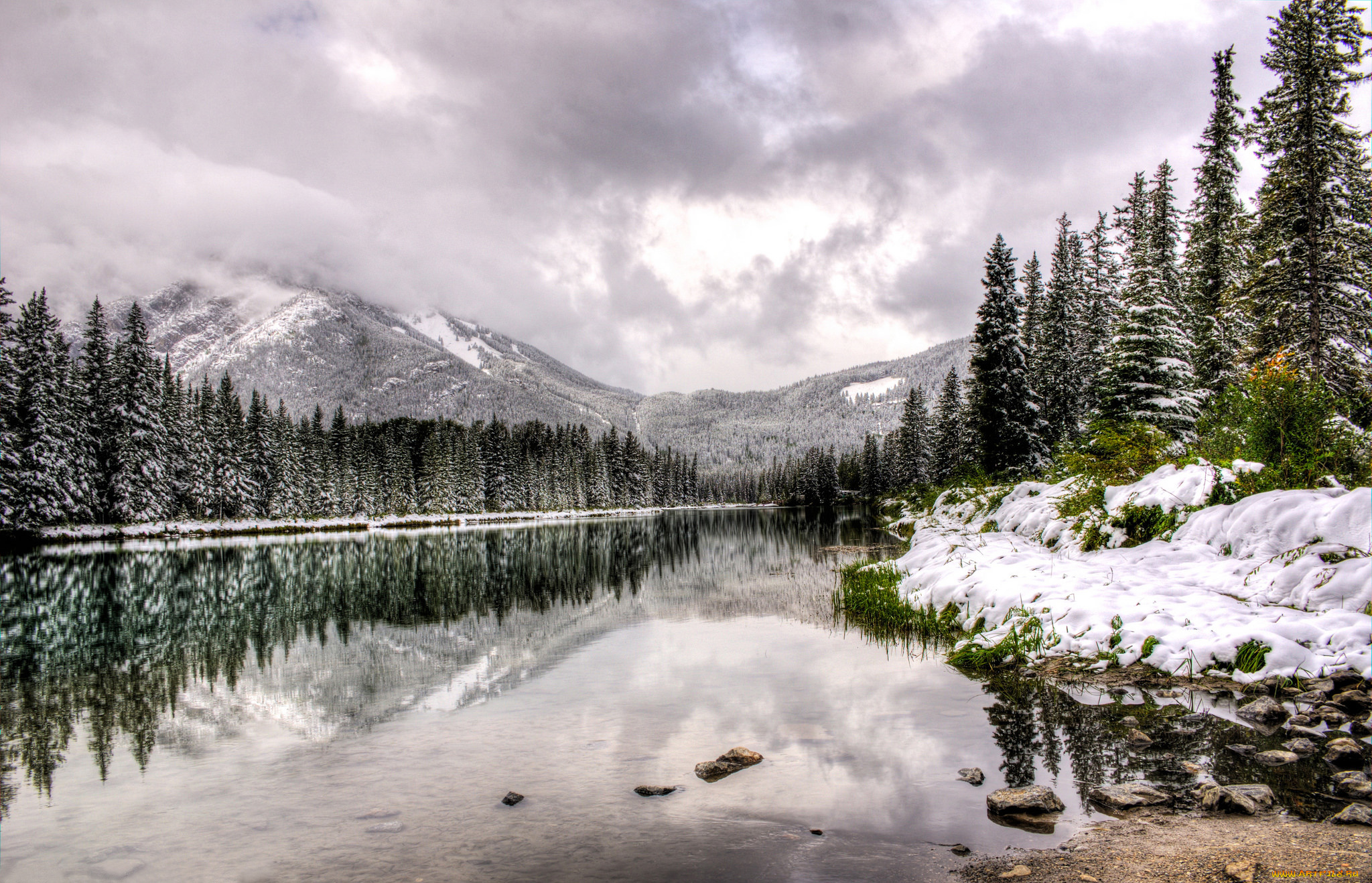 природа, реки, озера, озеро, вода, горы, снег, облака, зима, деревья, отражение, альберта, канада, canada, alberta